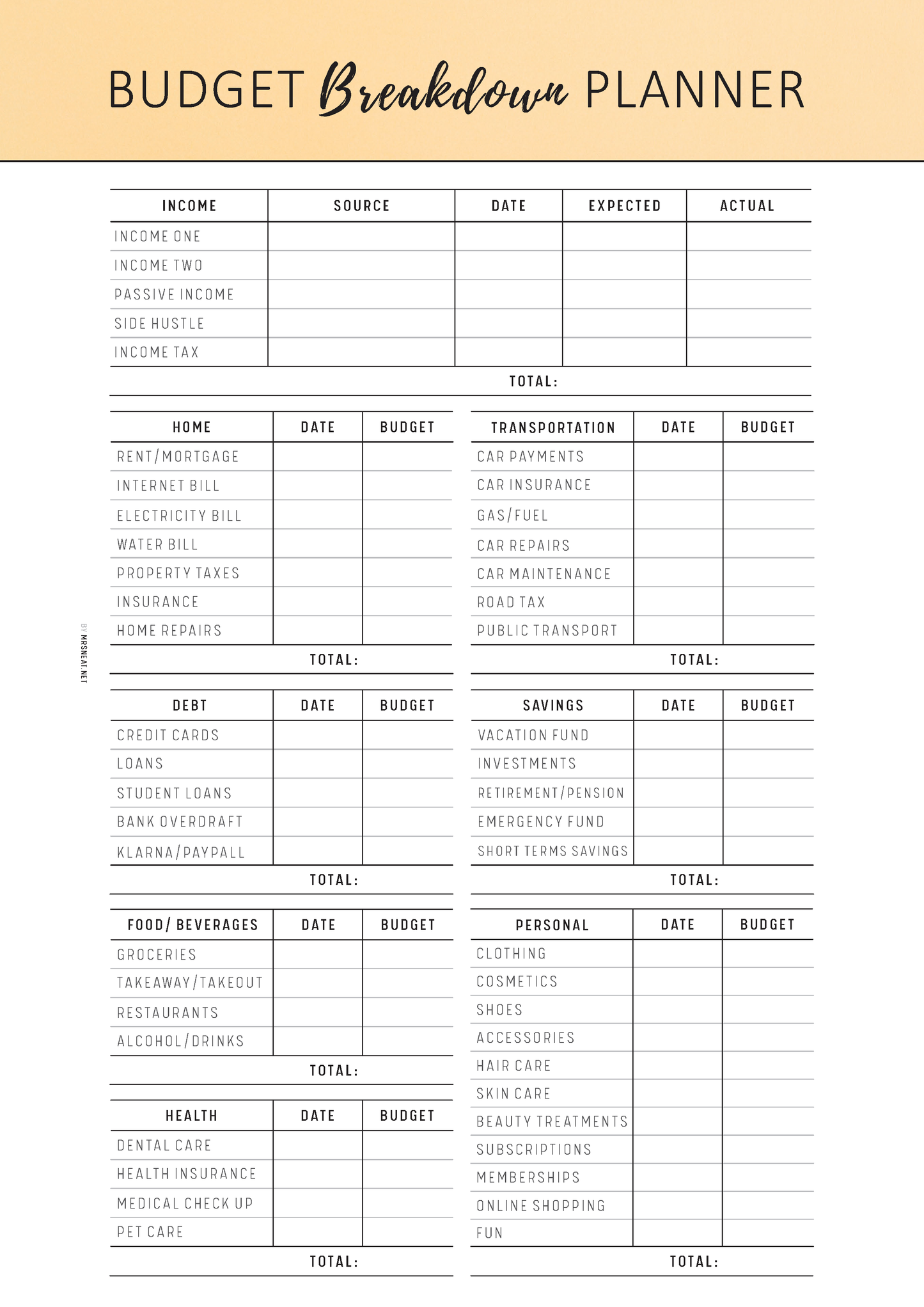 Budget Breakdown Planner with columns for income, expenses, and totals.