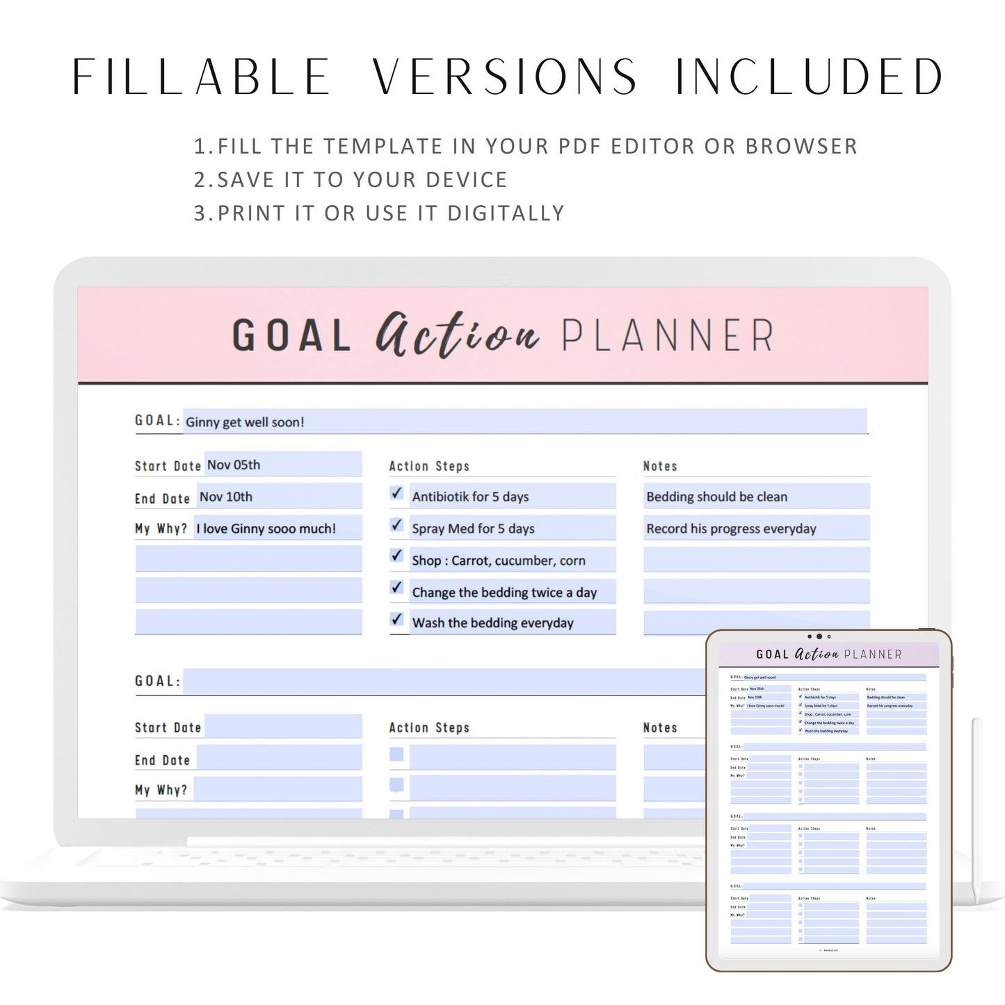 Goal Action Planner Printable, Goal Planner Pages, PDF, A4, A5, Letter, Half Letter, 6 Colors