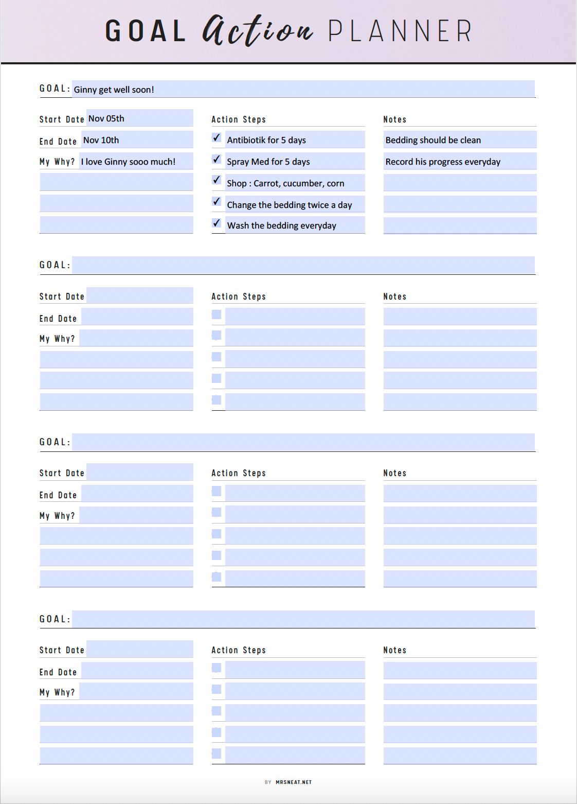 Goal Action Planner Printable, Goal Planner Pages, PDF, A4, A5, Letter, Half Letter, 6 Colors