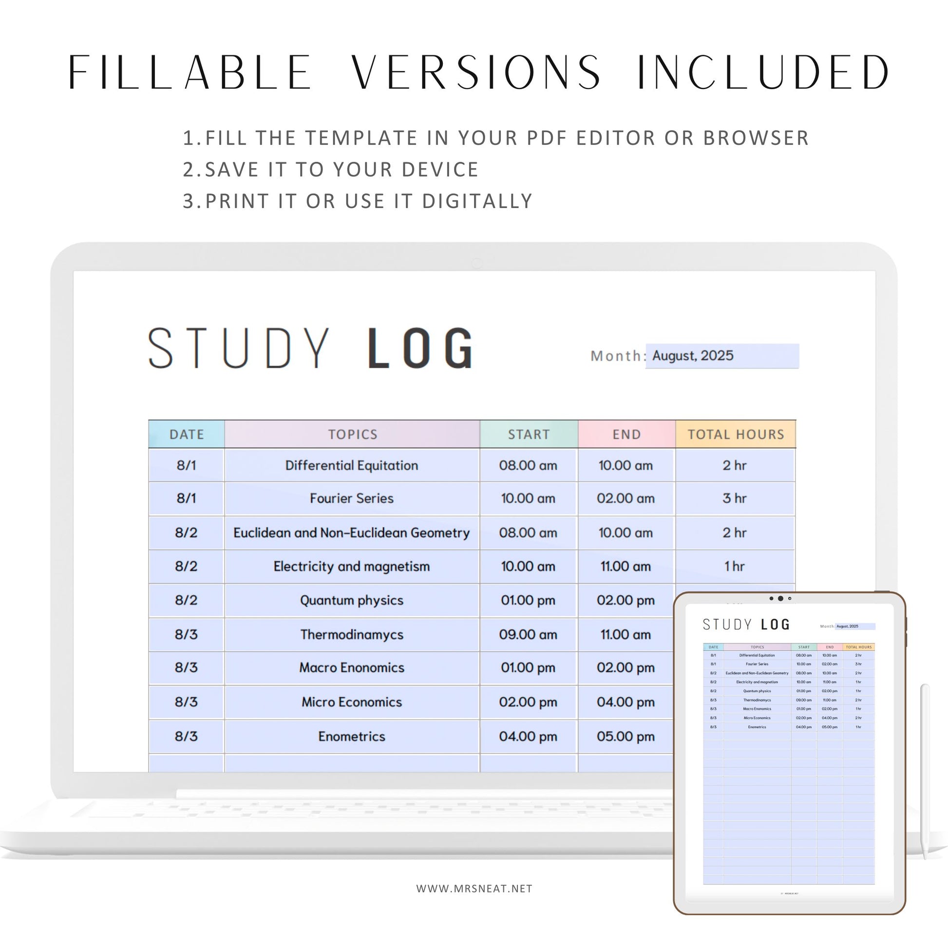 Study Log Printable, Monthly Study Tracker, Fillable Study Planner Template, PDF, Colorful Page, A4, A5, Letter, Half Letter