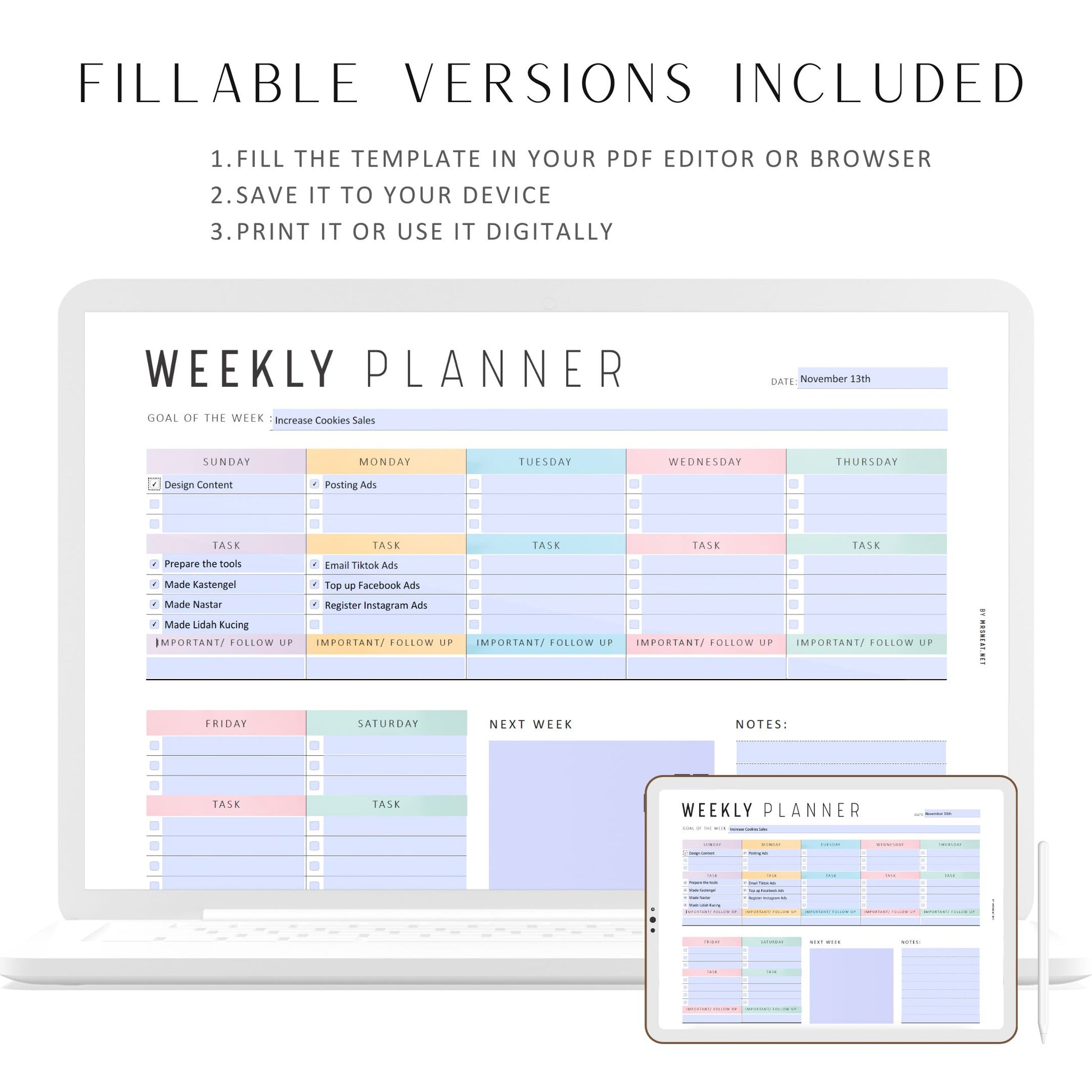 Printable Weekly Planner Landscape, Fillable Weekly To Do List, Week at a glance, Weekly Agenda, Weekly Journal, Weekly Organize, A4, Letter