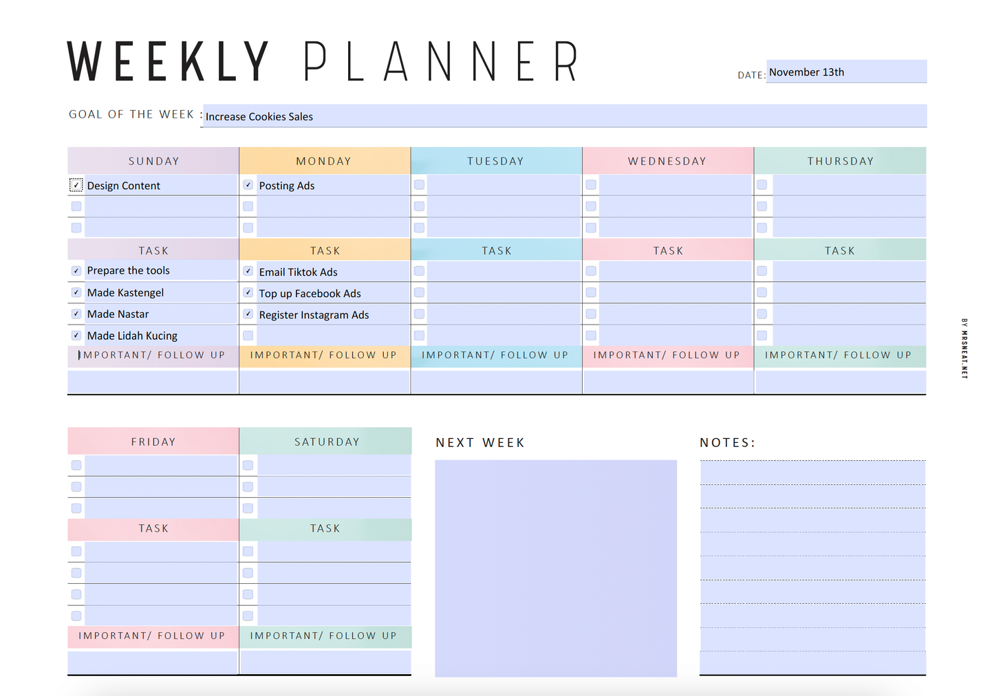 Printable Weekly Planner Landscape, Fillable Weekly To Do List, Week at a glance, Weekly Agenda, Weekly Journal, Weekly Organize, A4, Letter