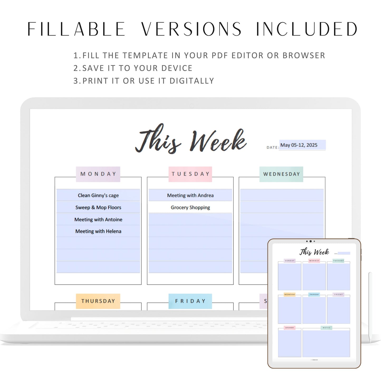 Fillable Weekly Planner Printable, Weekly To Do List, Week at a glance, Sunday & Monday Start, 2 Versions, A4, A5, Letter, Half Letter, PDF