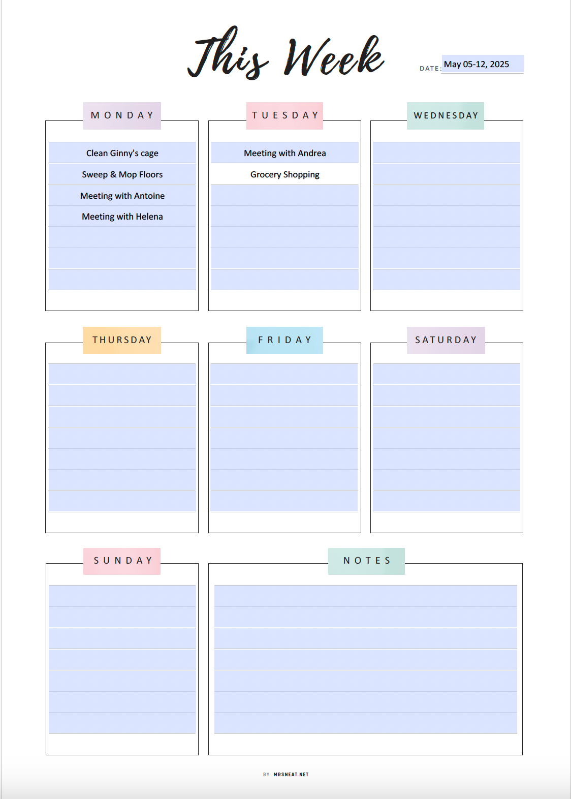 Fillable Weekly Planner Printable, Weekly To Do List, Week at a glance, Sunday & Monday Start, 2 Versions, A4, A5, Letter, Half Letter, PDF