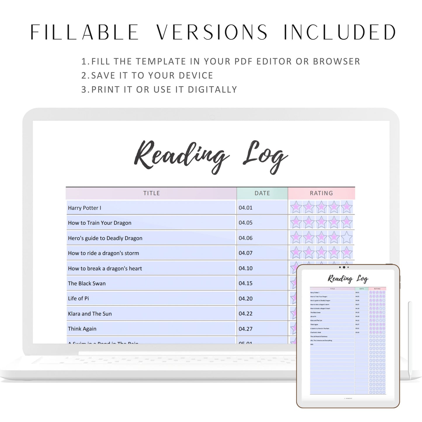 Reading Log Printable, Reading Log Journal, Fillable Reading Tracker, Colorful Planner, Reading Log Tracker, A4, A5, Letter, Half Letter