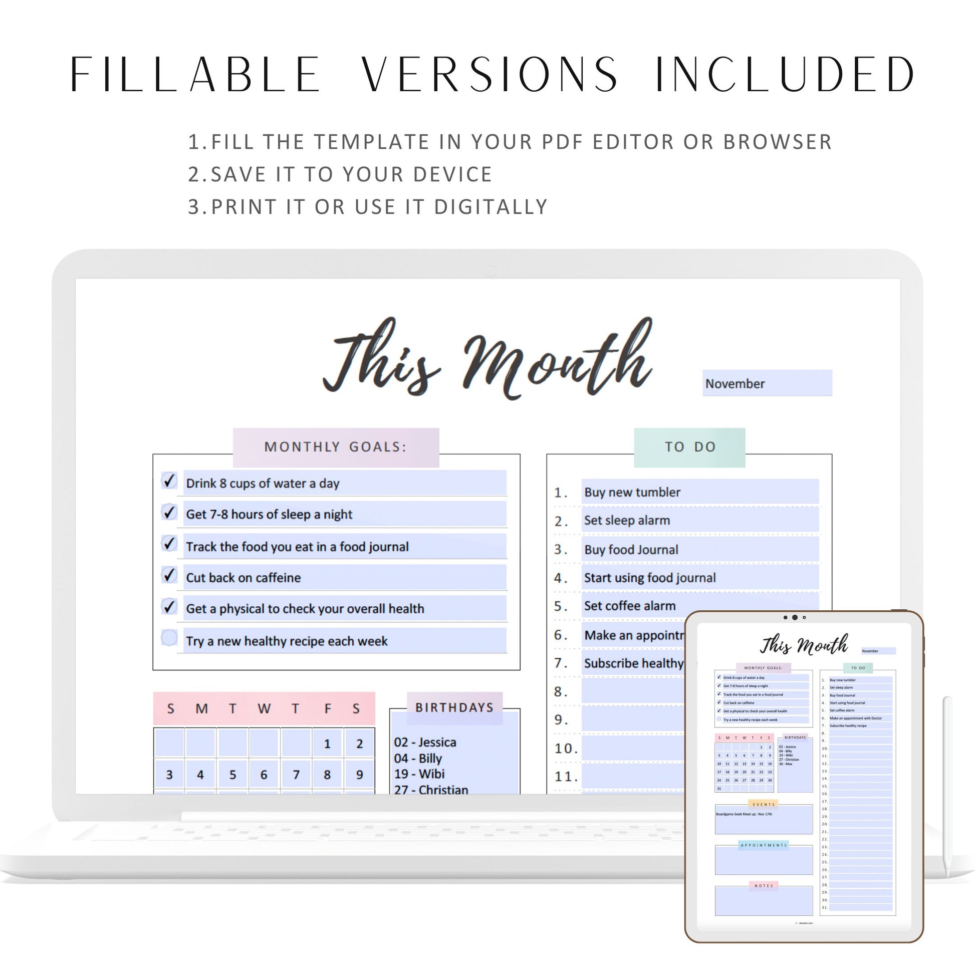 Fillable Monthly Planner Template Printable, Monthly Organizer, Monthly To Do List, Month at a glance, A4, A5, Letter, Half Letter, PDF