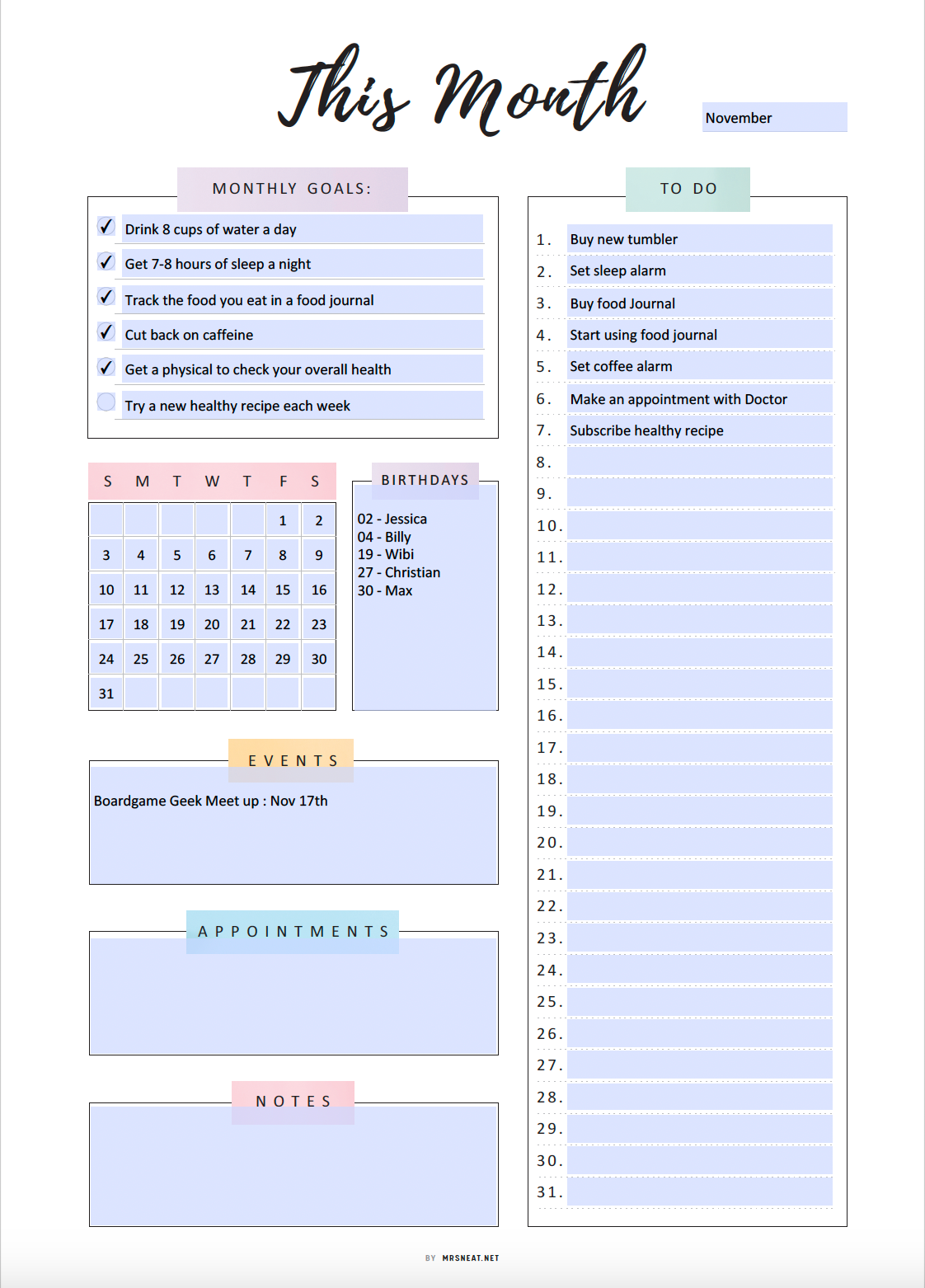 Fillable Monthly Planner Template Printable, Monthly Organizer, Monthly To Do List, Month at a glance, A4, A5, Letter, Half Letter, PDF