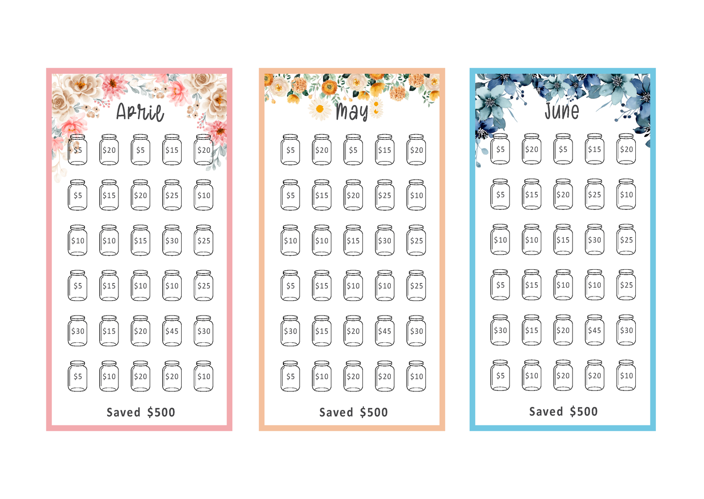 Three vertical charts for April, May, and June with savings tracking on a white background.