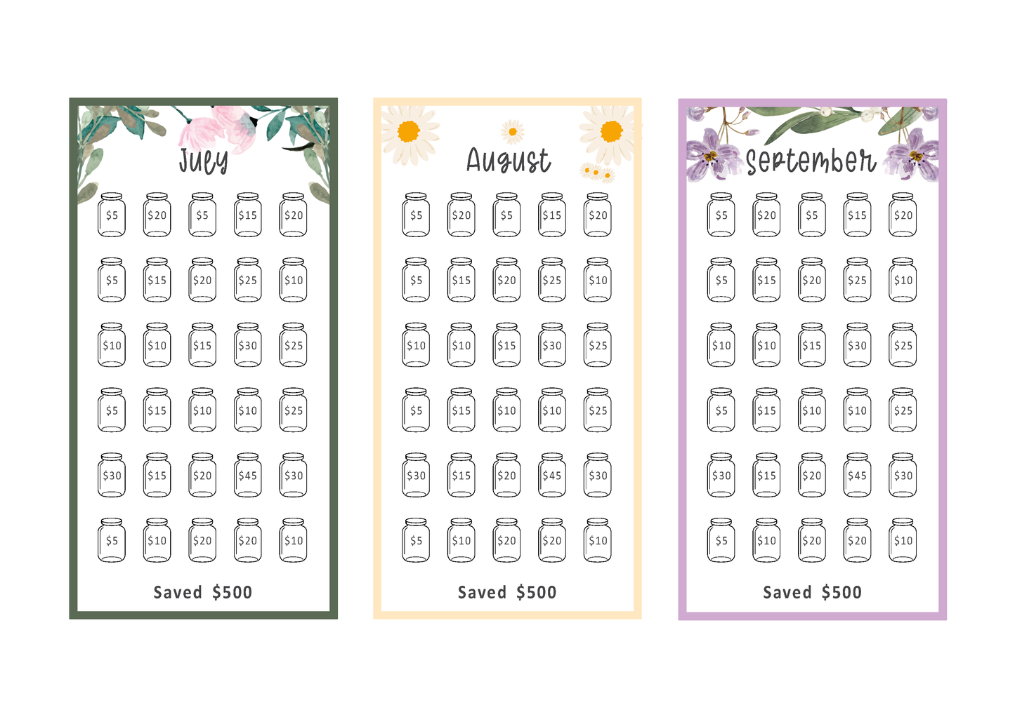 Three calendar sheets for July, August, and September with jar savings trackers.