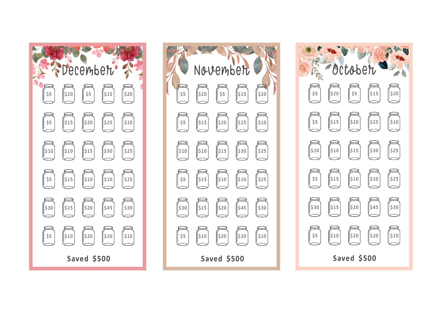 Three savings trackers for October, November, and December with floral designs.