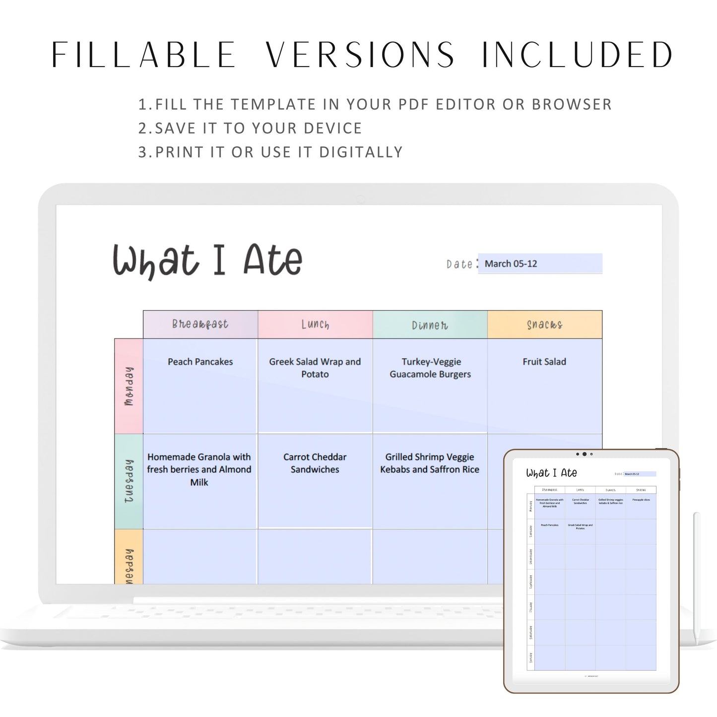 Fillable Food Journal Template Printable, What I Ate Planner, Weekly Food Diary, Diet Journal, PDF, 2 colors, A4, A5, Letter, Half Letter