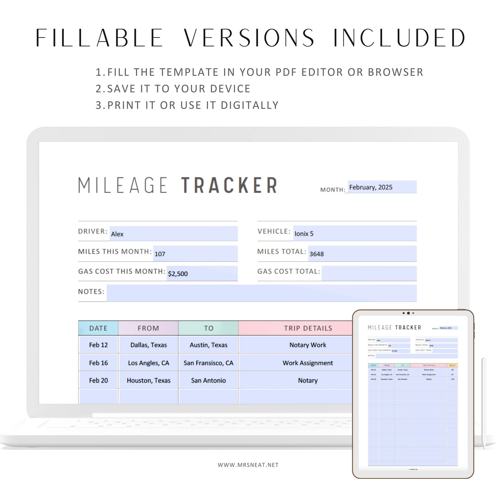 Fillable Mileage Tracker Printable, Mileage Log Template, Colorful page, Fillable versions included, A4, A5, Letter, Half Letter, PDF