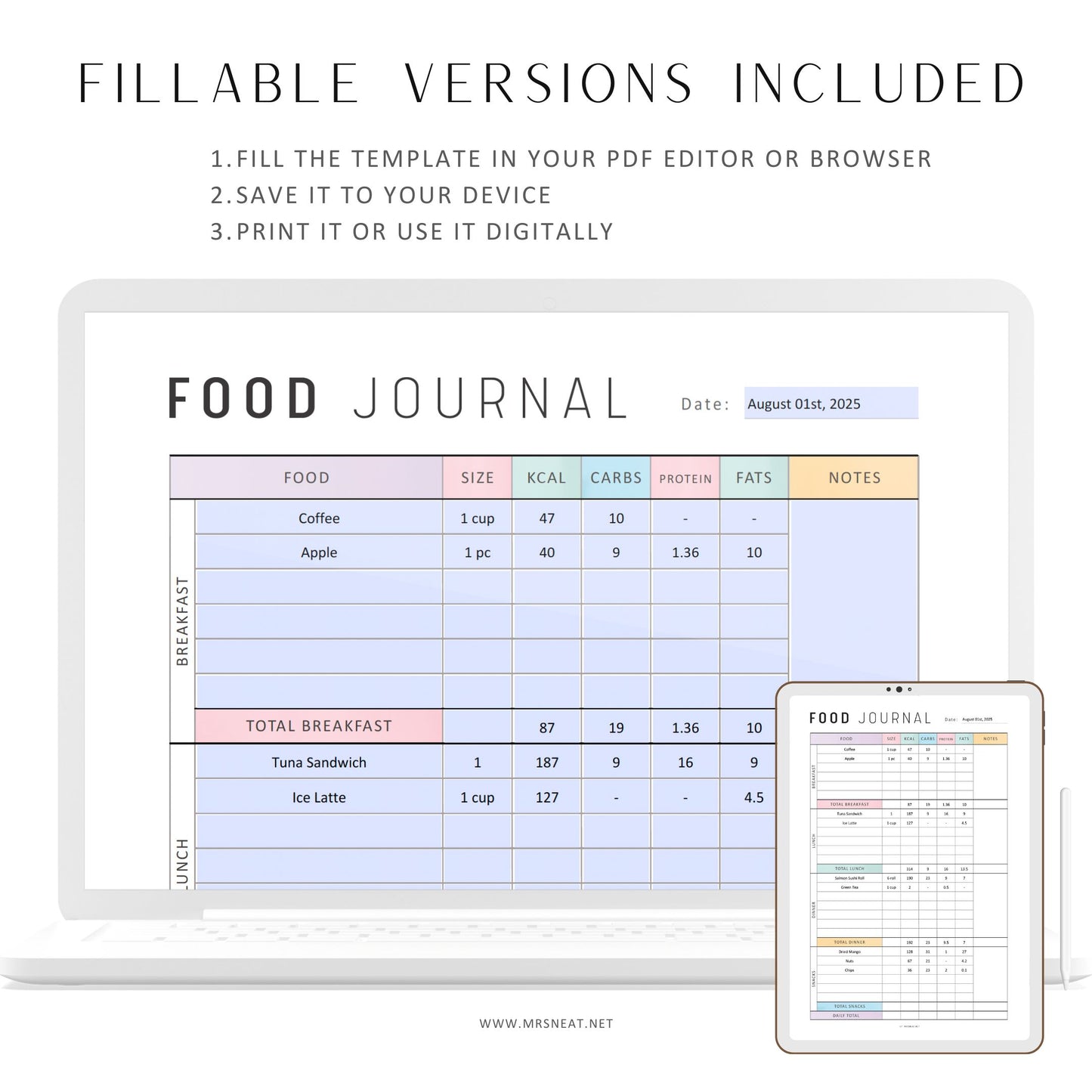 Daily Food Diary Printable, Food Journal, Minimalist Daily Calorie Tracker, Daily Calorie Counting, Food Diary, A4, A5, Letter, Half Letter, Digital Planner, PDF Fillable, Printable Planner, 2 colors