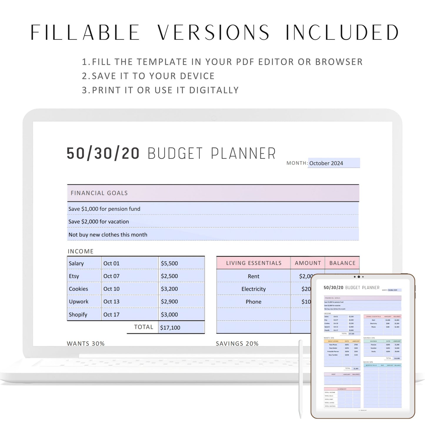 50/30/20 Budget Planner, Budget Tracker, Budget Template, Budget Ramsey, Budget Book, Finance Tracker, Budget Binder, Budget Printable, PDF, Digital Planner, Fillable PDF, Printable Planner