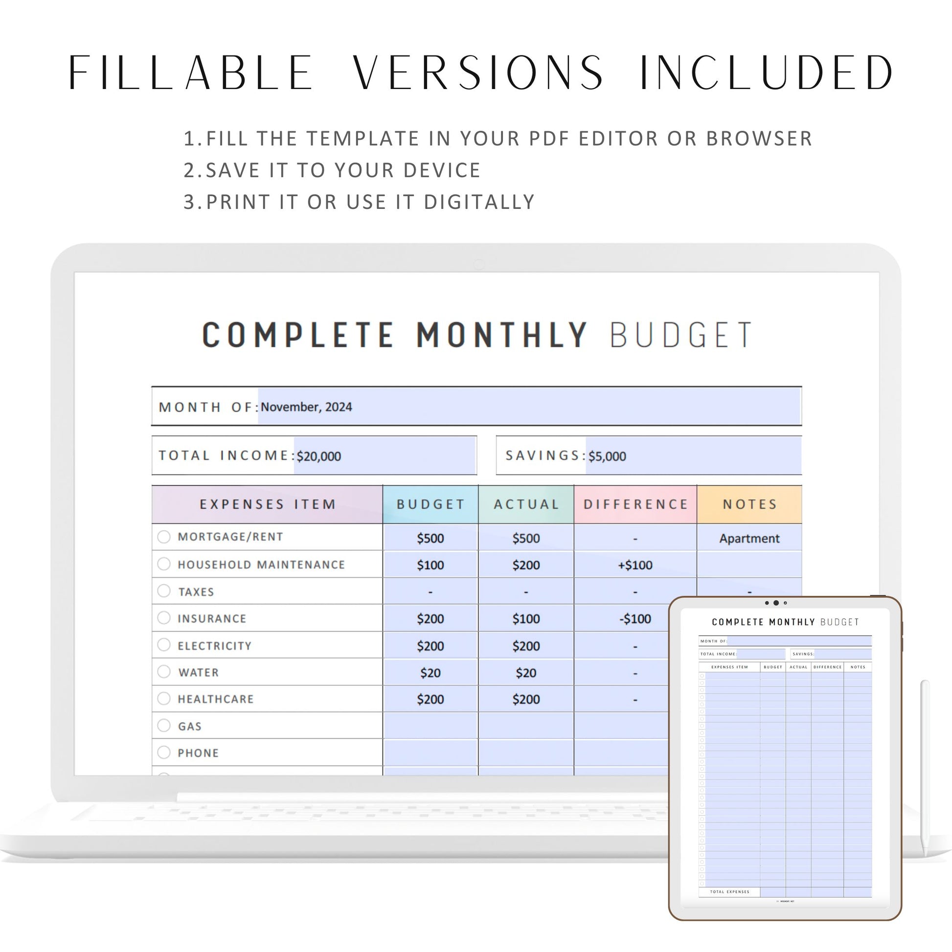 Monthly Budget Planner Printable, Budget Tracker Template, Finance Overview, Fillable Paycheck Budget, 2 versions, 2 colors, A4, A5, Letter, Fillable PDF, Printable Planner, Digital Planner