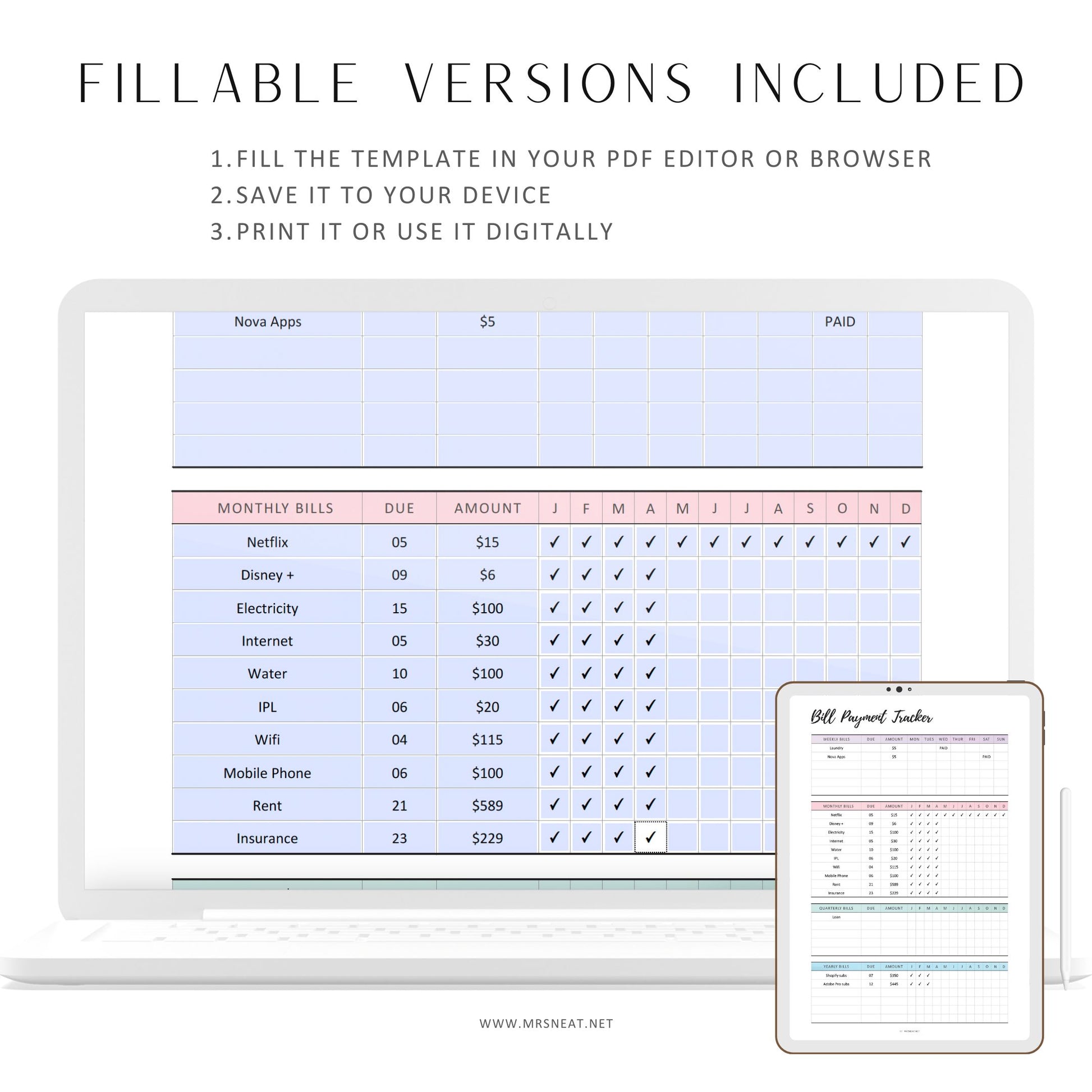 Bill Payment Tracker Printable, Bill Tracker Template, Weekly Monthly Quarterly Yearly Bill Log, Fillable Bill Payment Checklist, 2 Colors, Fillable PDF, Digital Planner, Printable Planner, Colorful, Minimalist