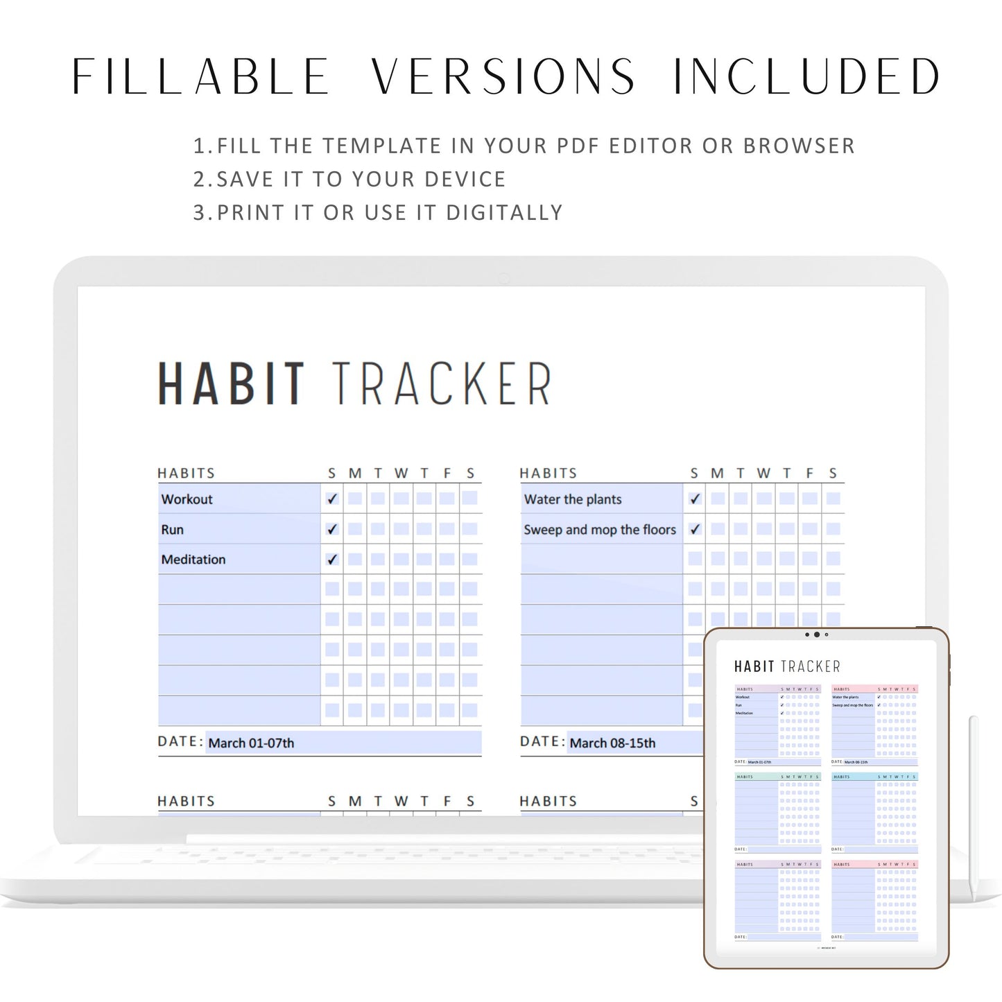 Fillable Weekly Habit Tracker Printable, Habit Tracker Template, Routine Tracker, 7 Day Habit Challenge, 2 color options, 2 versions