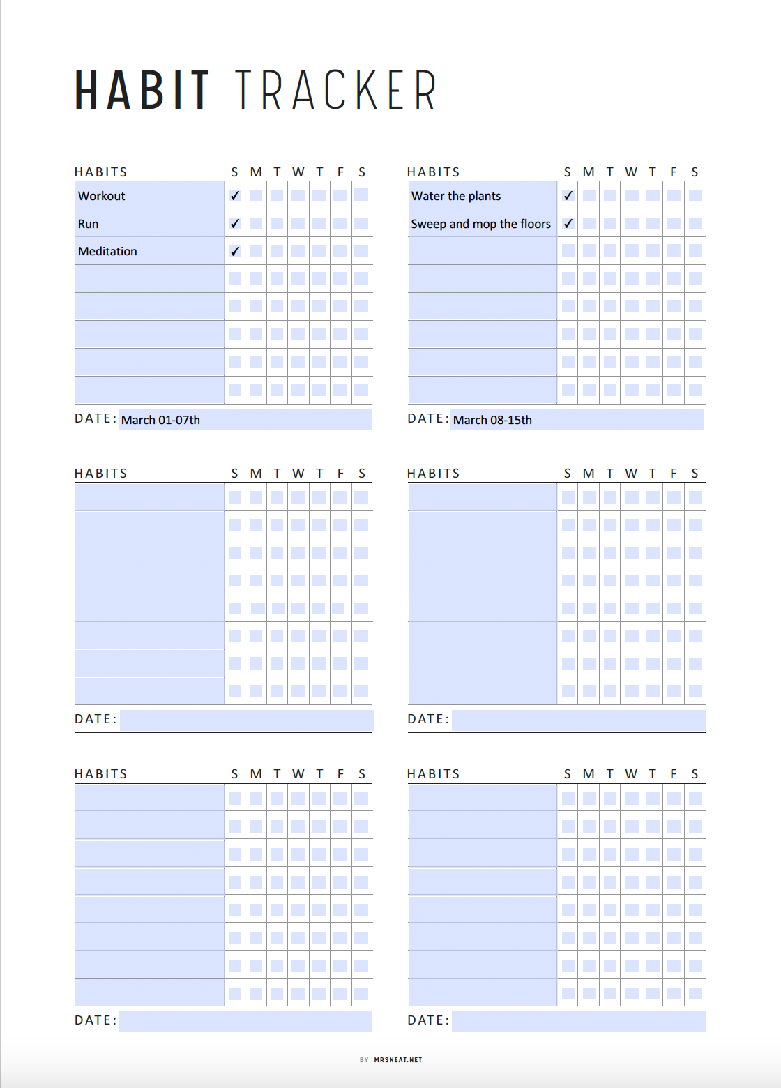 Fillable Weekly Habit Tracker Printable, Habit Tracker Template, Routine Tracker, 7 Day Habit Challenge, 2 color options, 2 versions