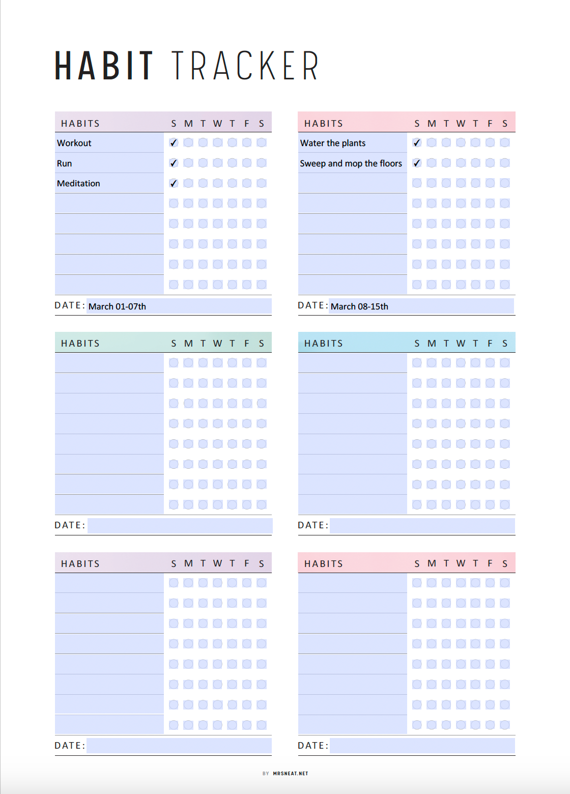 Fillable Weekly Habit Tracker Printable, Habit Tracker Template, Routine Tracker, 7 Day Habit Challenge, 2 color options, 2 versions