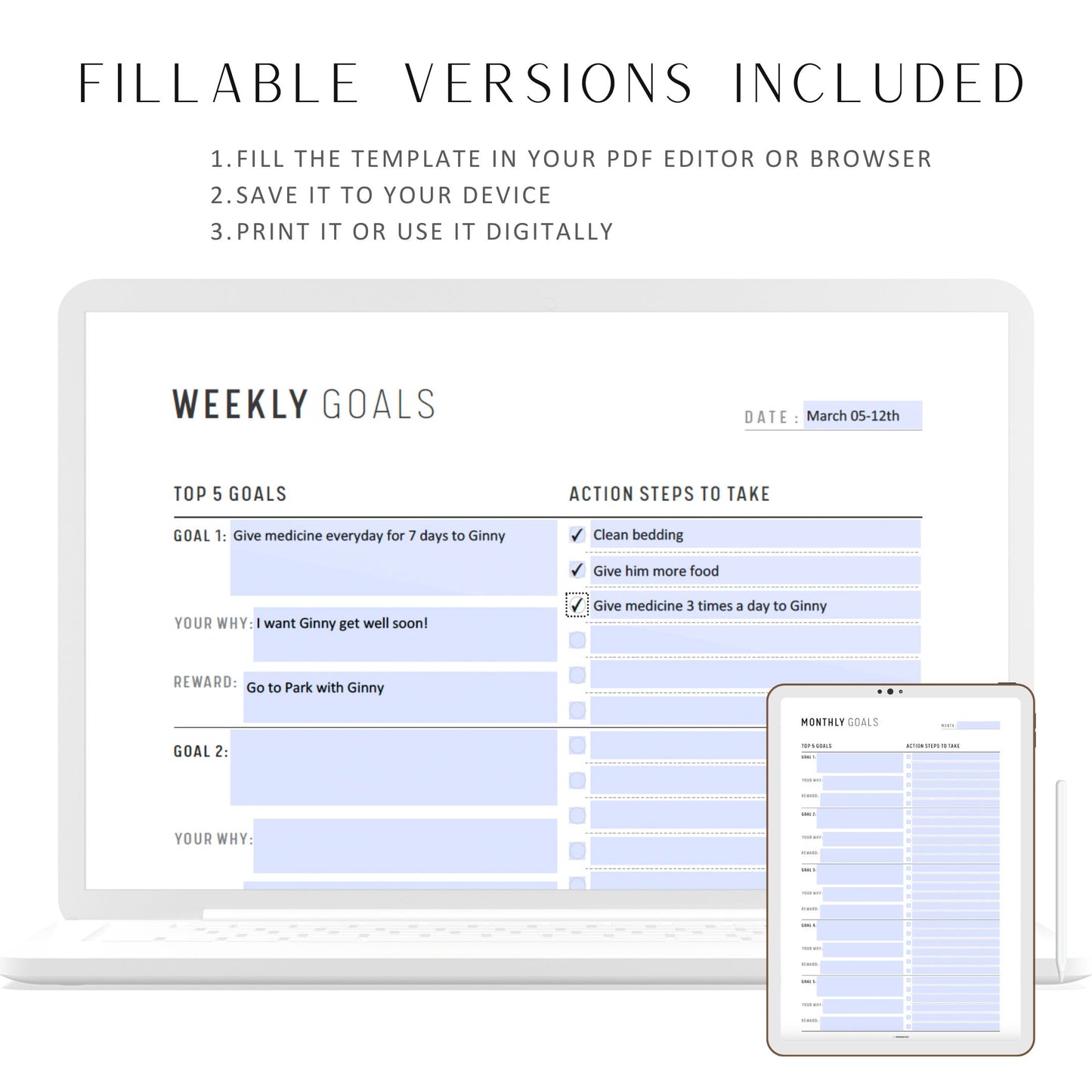 Fillable Top 5 Yearly Goals Printable, Top 5 Goals Planner, Quarterly Goals, Monthly Goals, Top 5 Weekly Goals, A4, A5, Letter, Half Letter