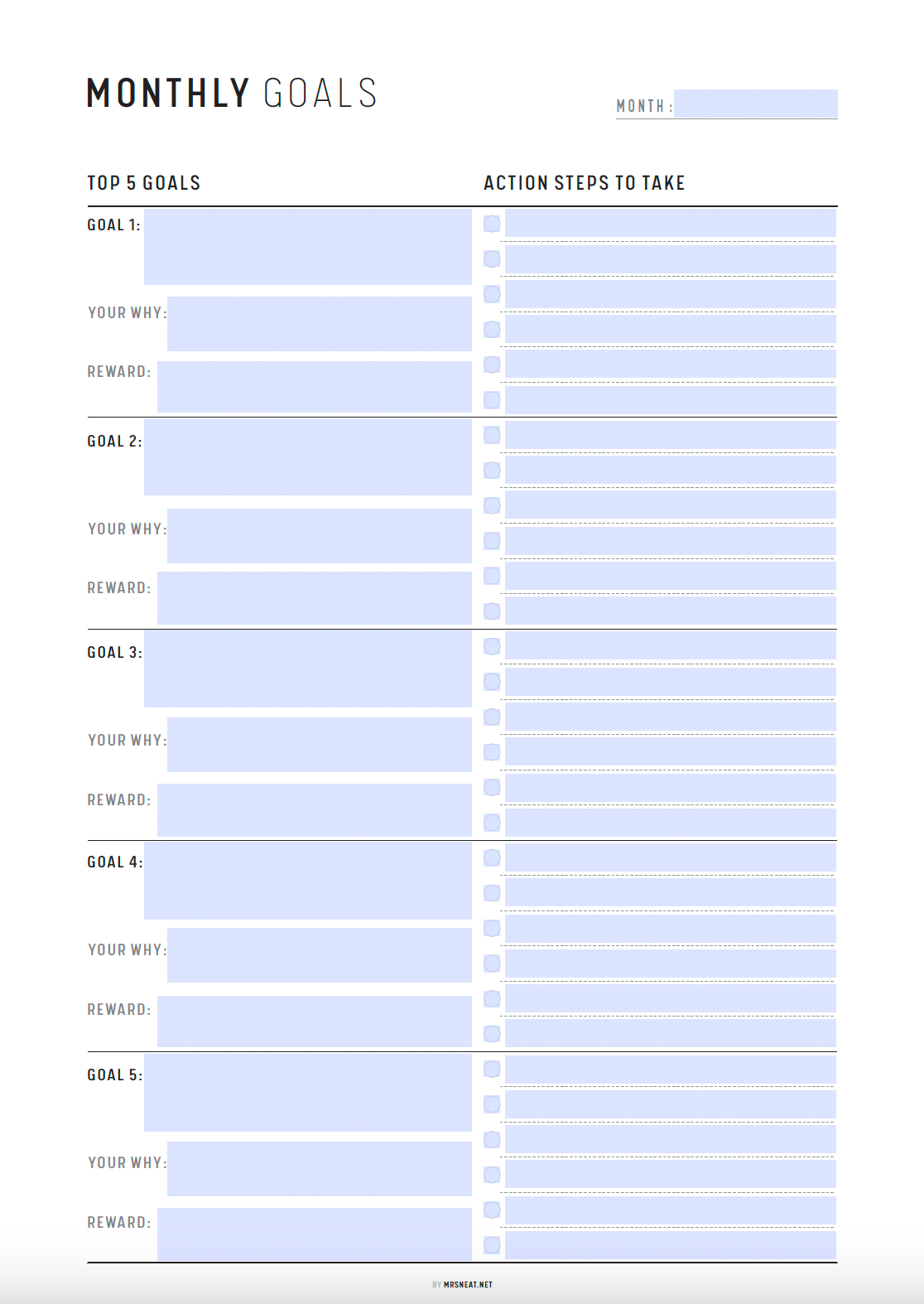 Fillable Top 5 Yearly Goals Printable, Top 5 Goals Planner, Quarterly Goals, Monthly Goals, Top 5 Weekly Goals, A4, A5, Letter, Half Letter