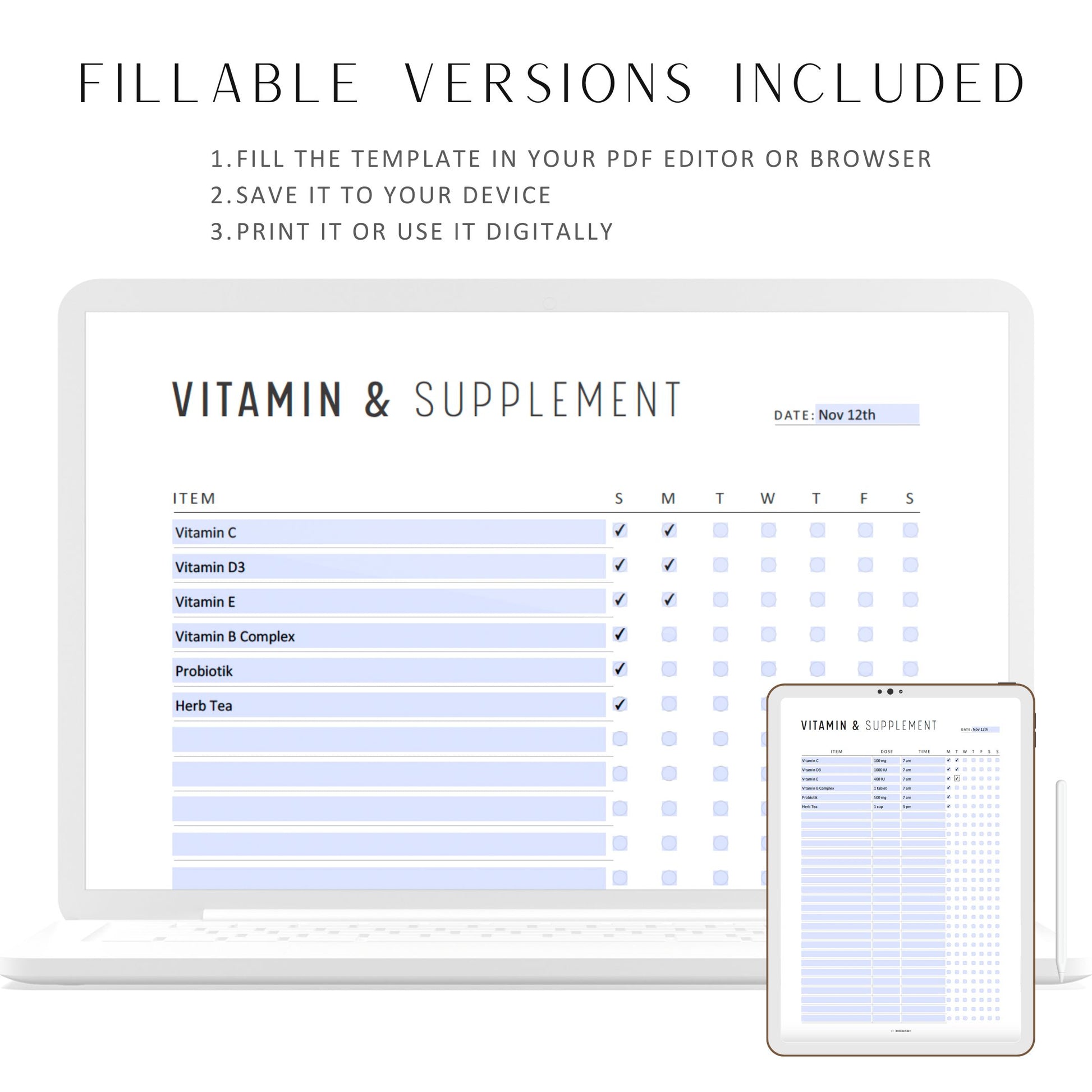 Fillable Weekly Vitamin Tracker Printable, Supplement Checklist, Daily Vitamin Intake Reminder, Fitness and Health Planner, 4 versions, PDF