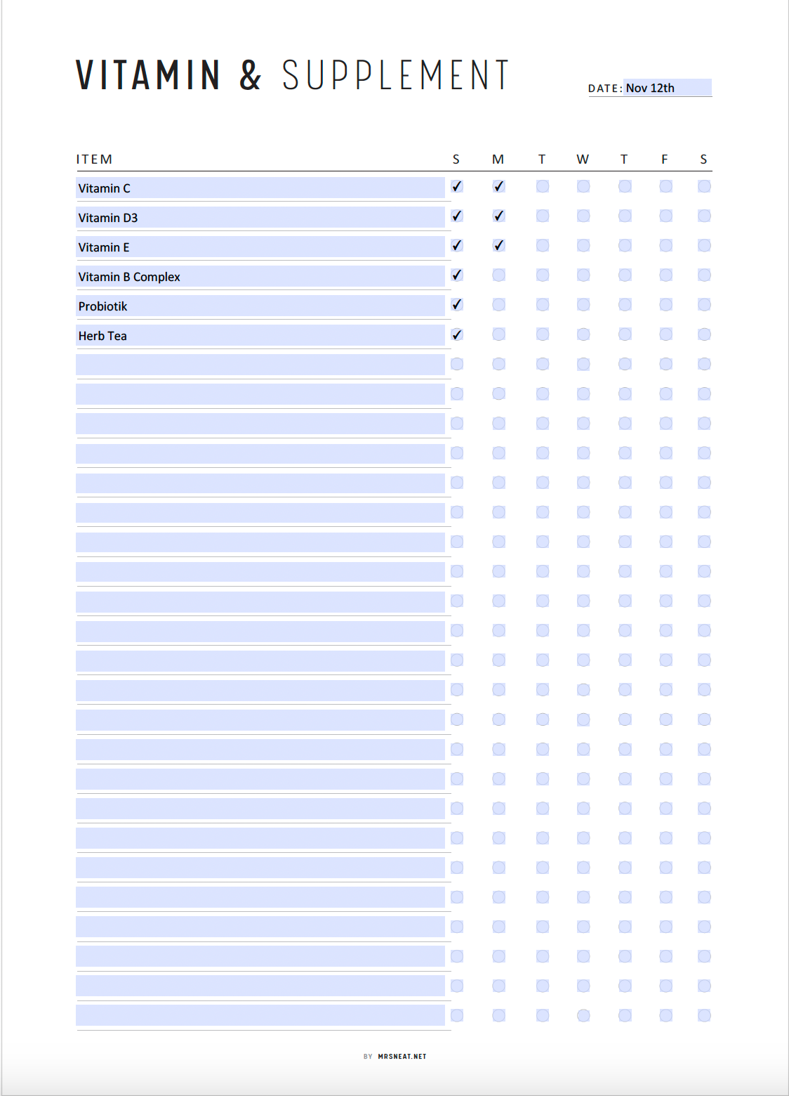 Fillable Weekly Vitamin Tracker Printable, Supplement Checklist, Daily Vitamin Intake Reminder, Fitness and Health Planner, 4 versions, PDF