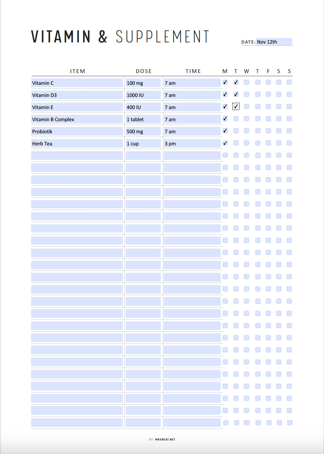 Fillable Weekly Vitamin Tracker Printable, Supplement Checklist, Daily Vitamin Intake Reminder, Fitness and Health Planner, 4 versions, PDF