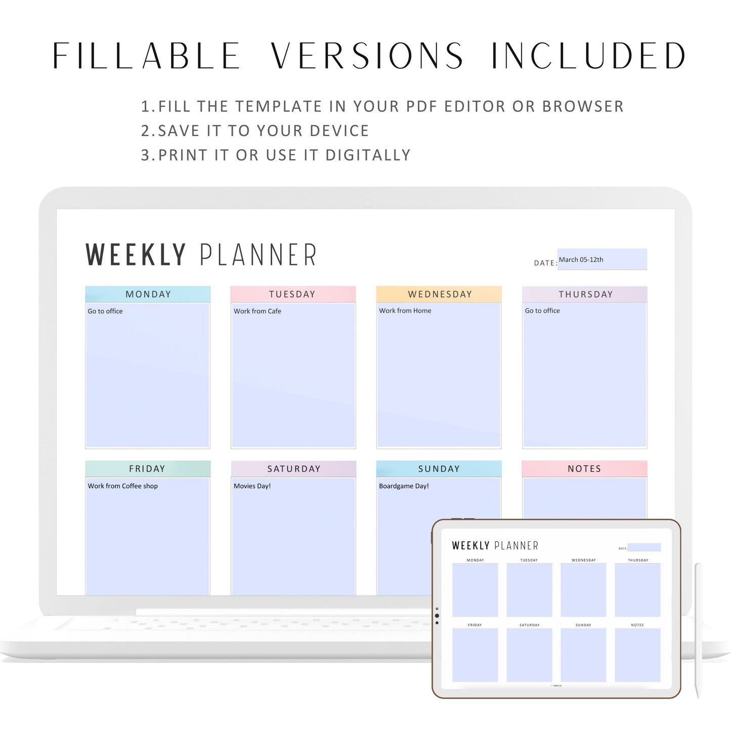 Fillable Weekly Planner Printable Landscape, Week at a Glance, Weekly Organizer, Office Planner, 4 versions, Sunday Monday Start, A4, Letter