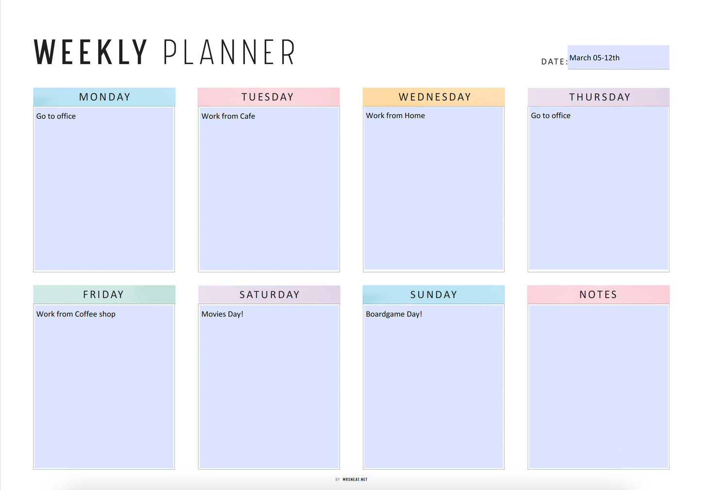 Fillable Weekly Planner Printable Landscape, Week at a Glance, Weekly Organizer, Office Planner, 4 versions, Sunday Monday Start, A4, Letter