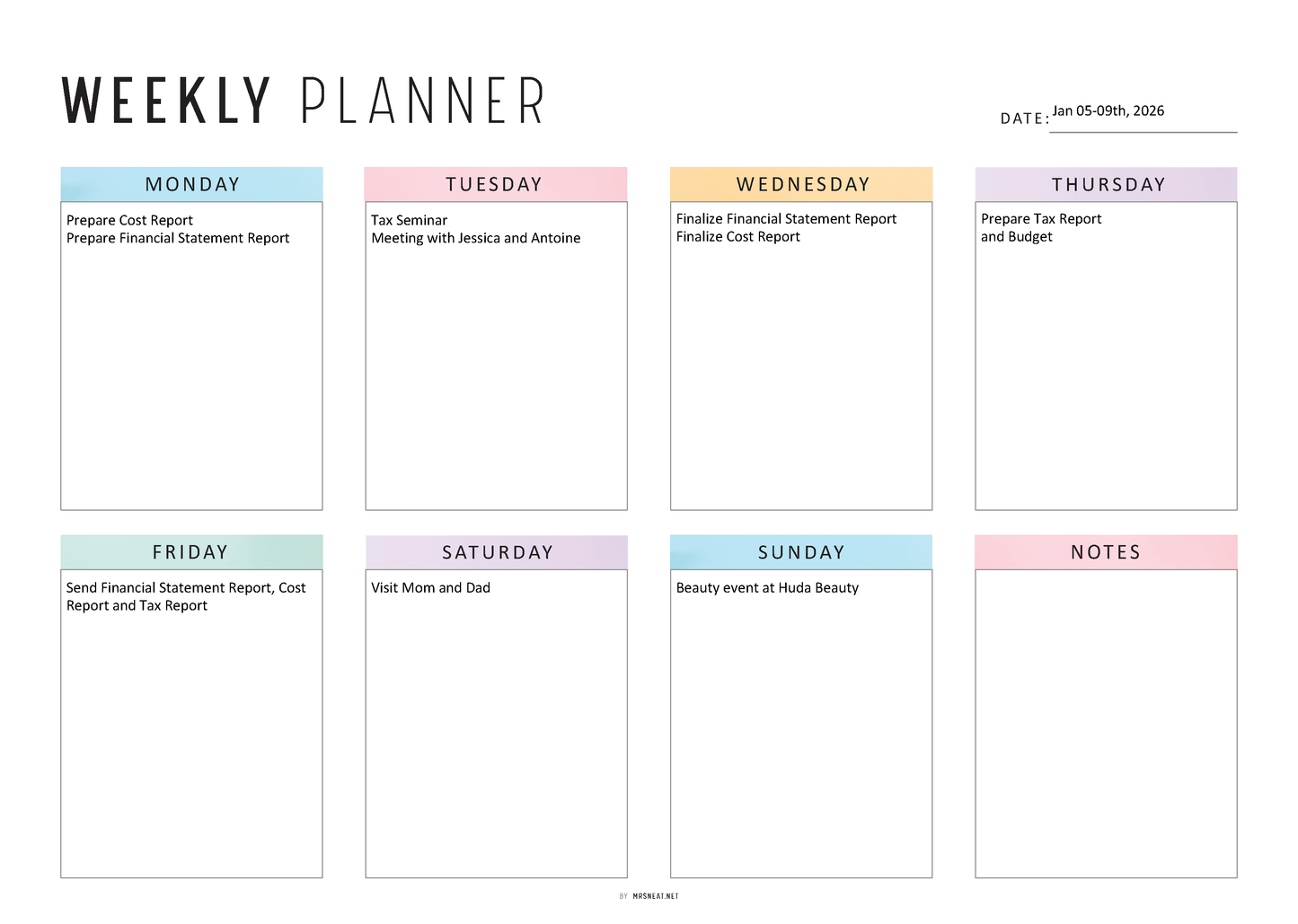 FILLABLE Colorful Weekly Planner Printable Landscape, Week at a Glance, Weekly Organizer, Office Planner, 4 versions, Sunday Monday Start, A4, Letter