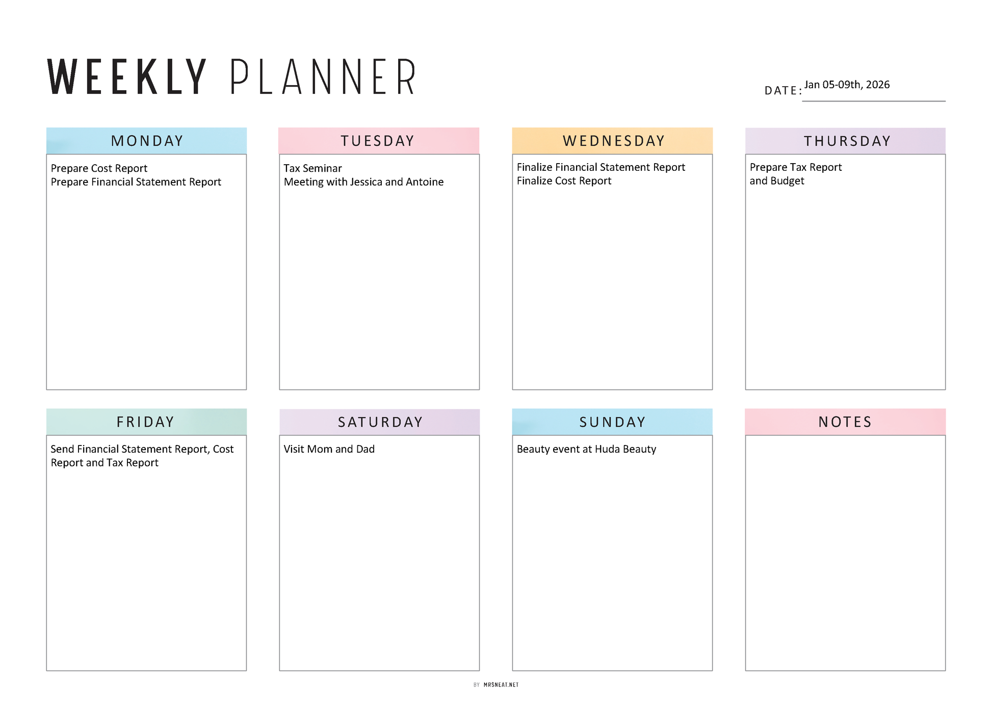 FILLABLE Colorful Weekly Planner Printable Landscape, Week at a Glance, Weekly Organizer, Office Planner, 4 versions, Sunday Monday Start, A4, Letter