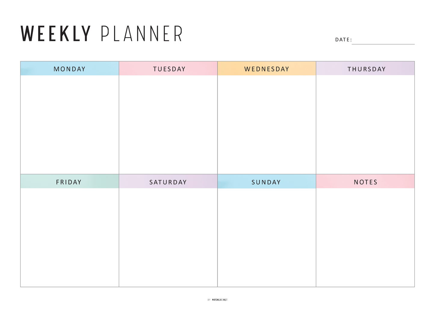 FILLABLE Colorful Weekly Planner Printable Landscape, Week at a Glance, Weekly Organizer, Office Planner, 4 versions, Sunday Monday Start, A4, Letter