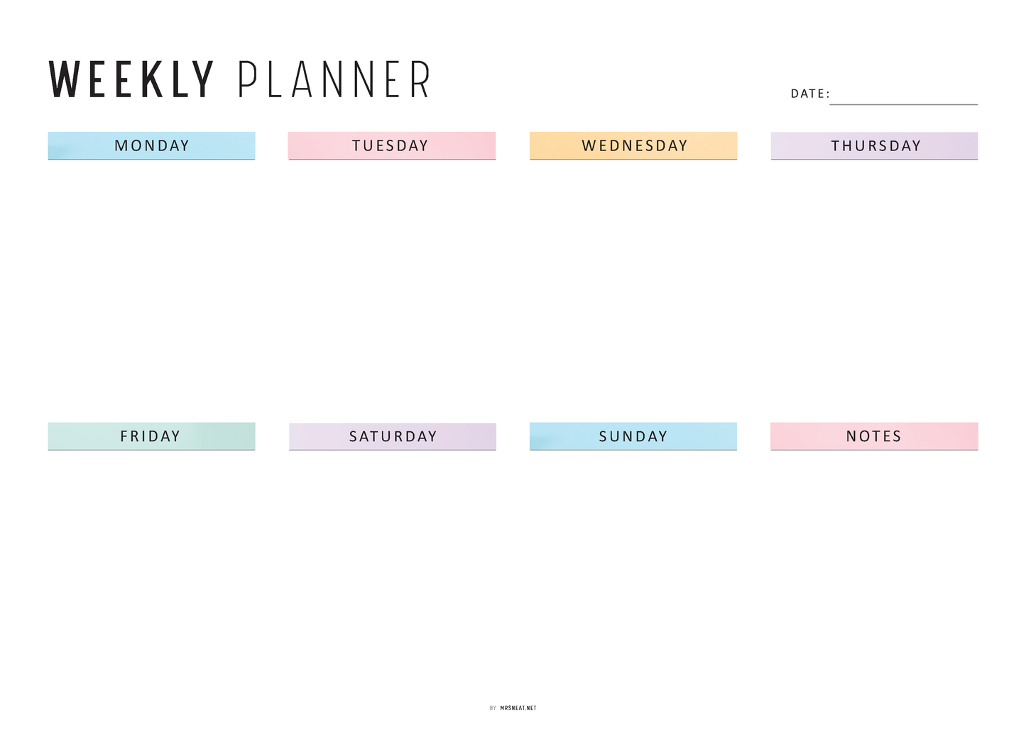 FILLABLE Colorful Weekly Planner Printable Landscape, Week at a Glance, Weekly Organizer, Office Planner, 4 versions, Sunday Monday Start, A4, Letter