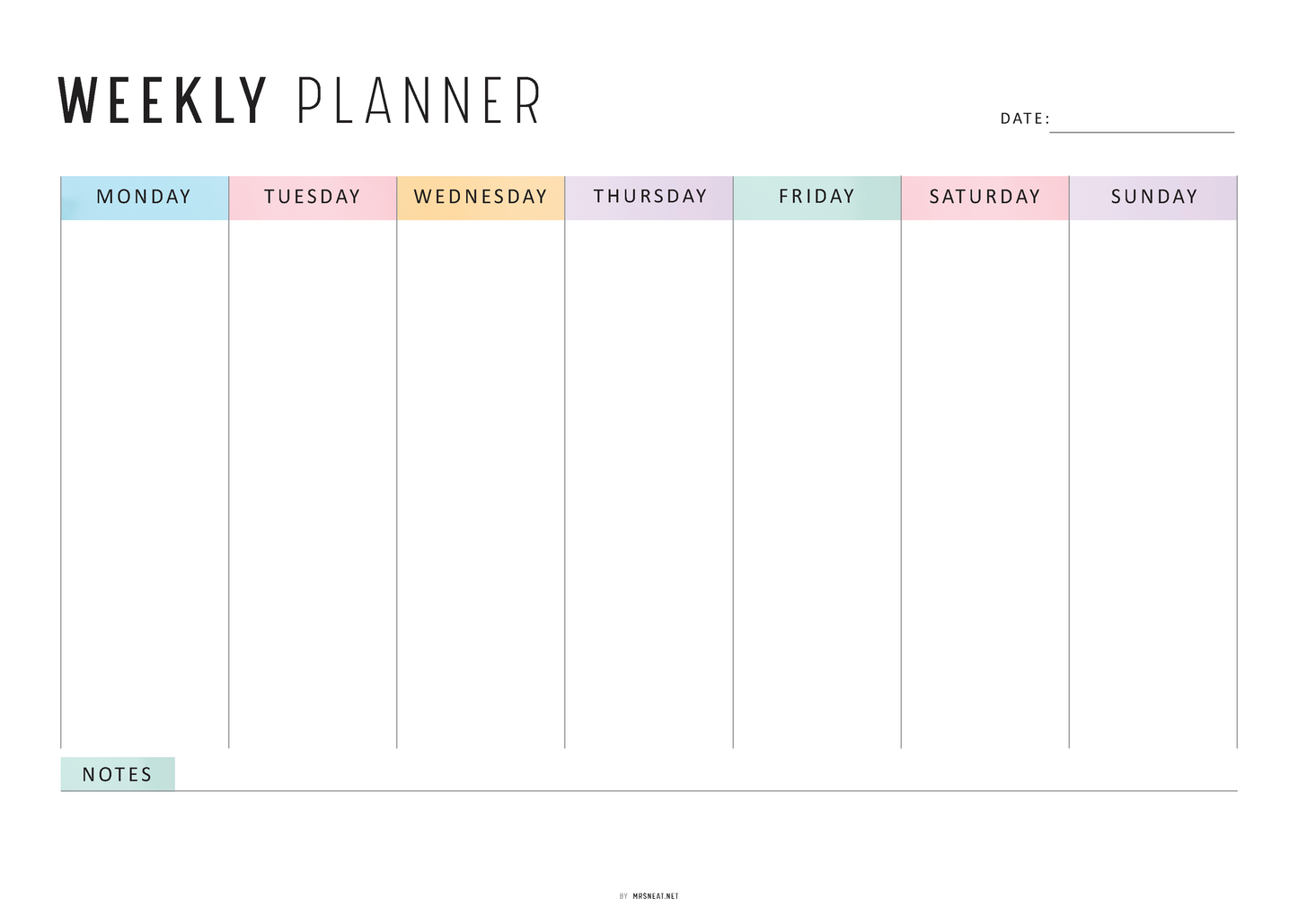 FILLABLE Colorful Weekly Planner Printable Landscape, Week at a Glance, Weekly Organizer, Office Planner, 4 versions, Sunday Monday Start, A4, Letter