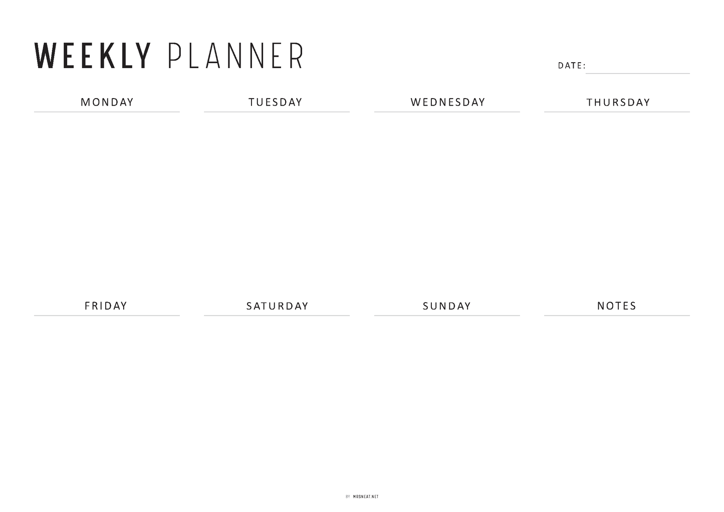 FILLABLE Minimalist Weekly Planner Printable Landscape, Week at a Glance, Weekly Organizer, Office Planner, 4 versions, Sunday Monday Start, A4, Letter