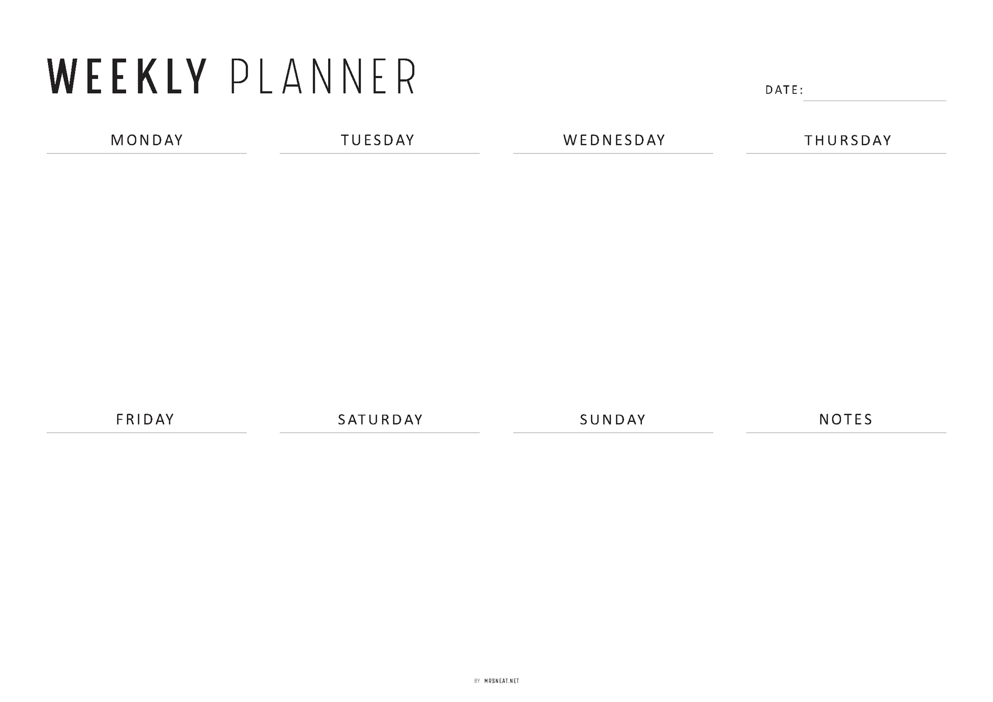 FILLABLE Minimalist Weekly Planner Printable Landscape, Week at a Glance, Weekly Organizer, Office Planner, 4 versions, Sunday Monday Start, A4, Letter