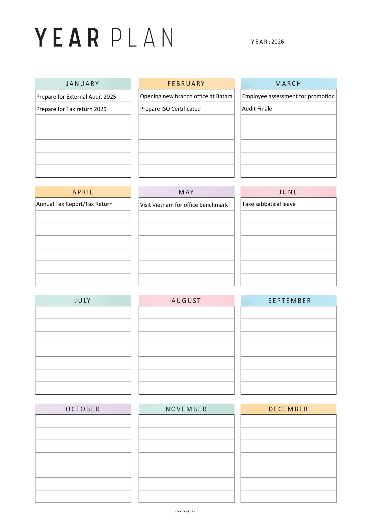 Yearly plan calendar for 2024 with monthly tasks and colors