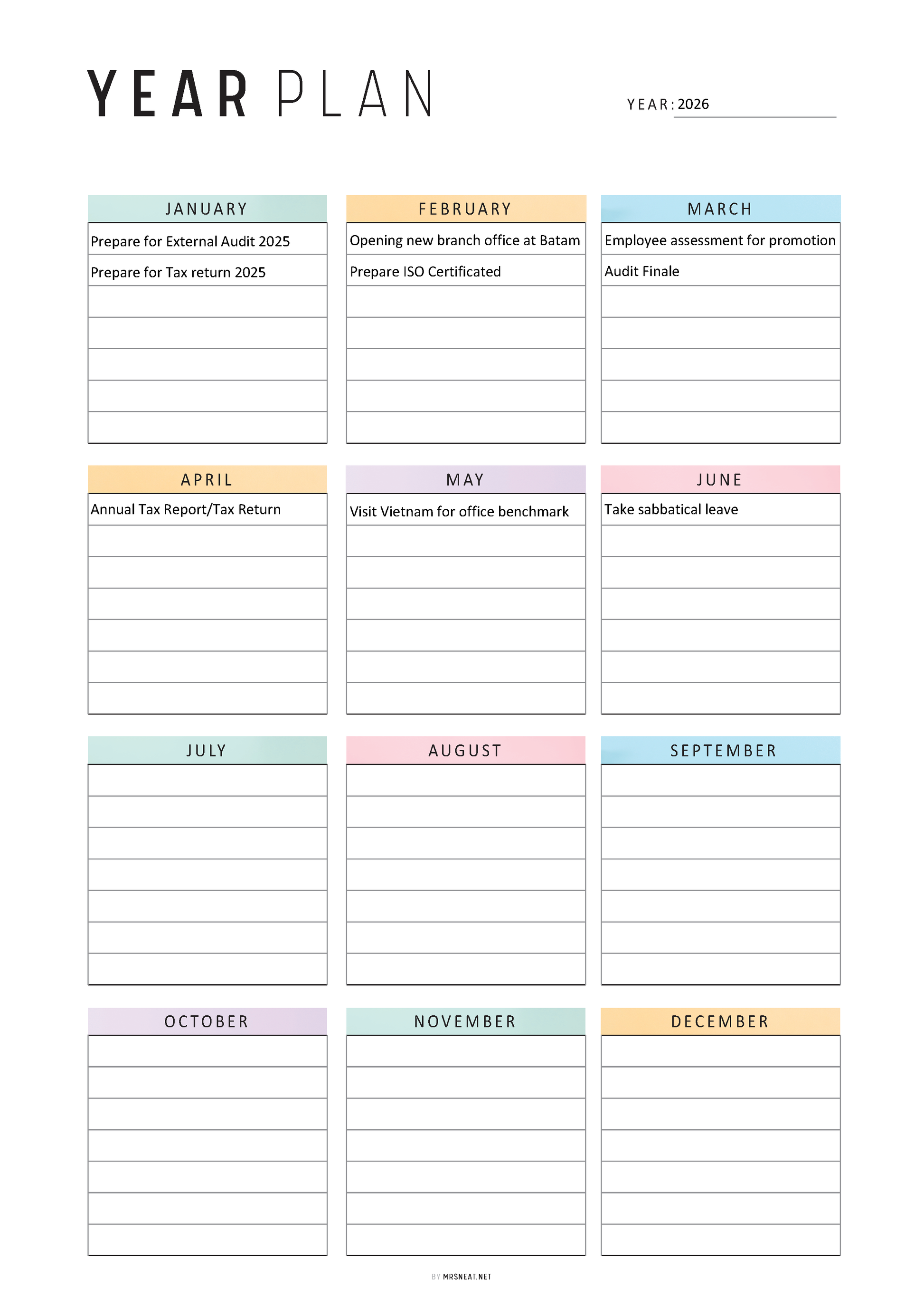 Yearly plan calendar for 2024 with monthly tasks and colors
