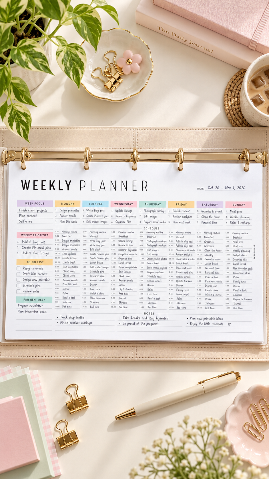 Pastel Weekly Planner Desk Flat Lay