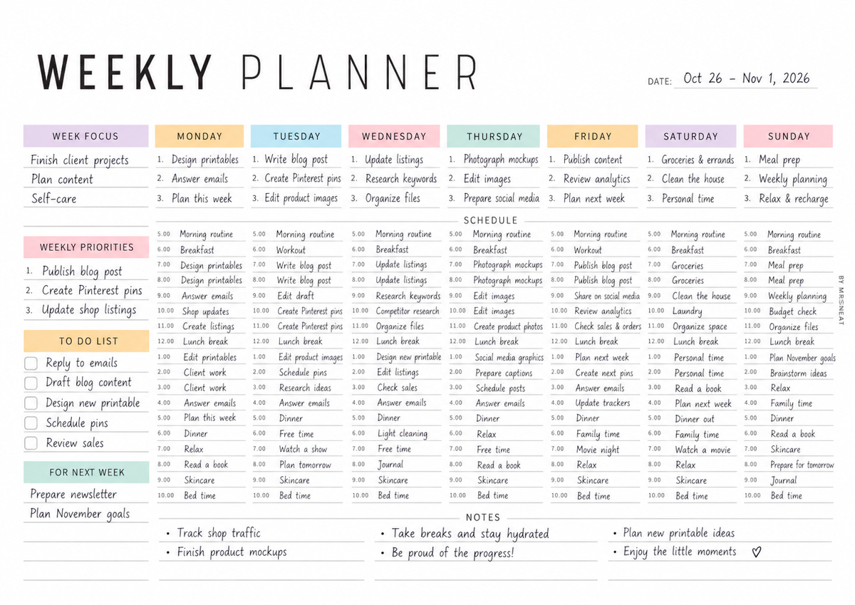 Pastel Weekly Planner Desk Page