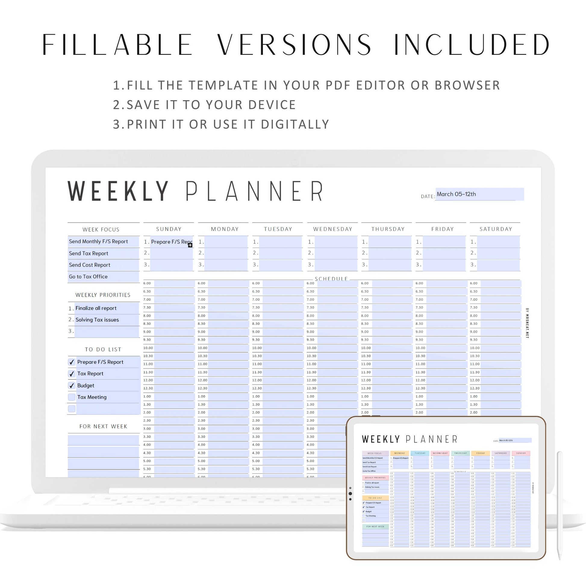 Half Hour Weekly Planner Template, Half Hour Weekly Schedule Printable, Weekly Planner, Undated Planner, Weekly Organizer, To Do List