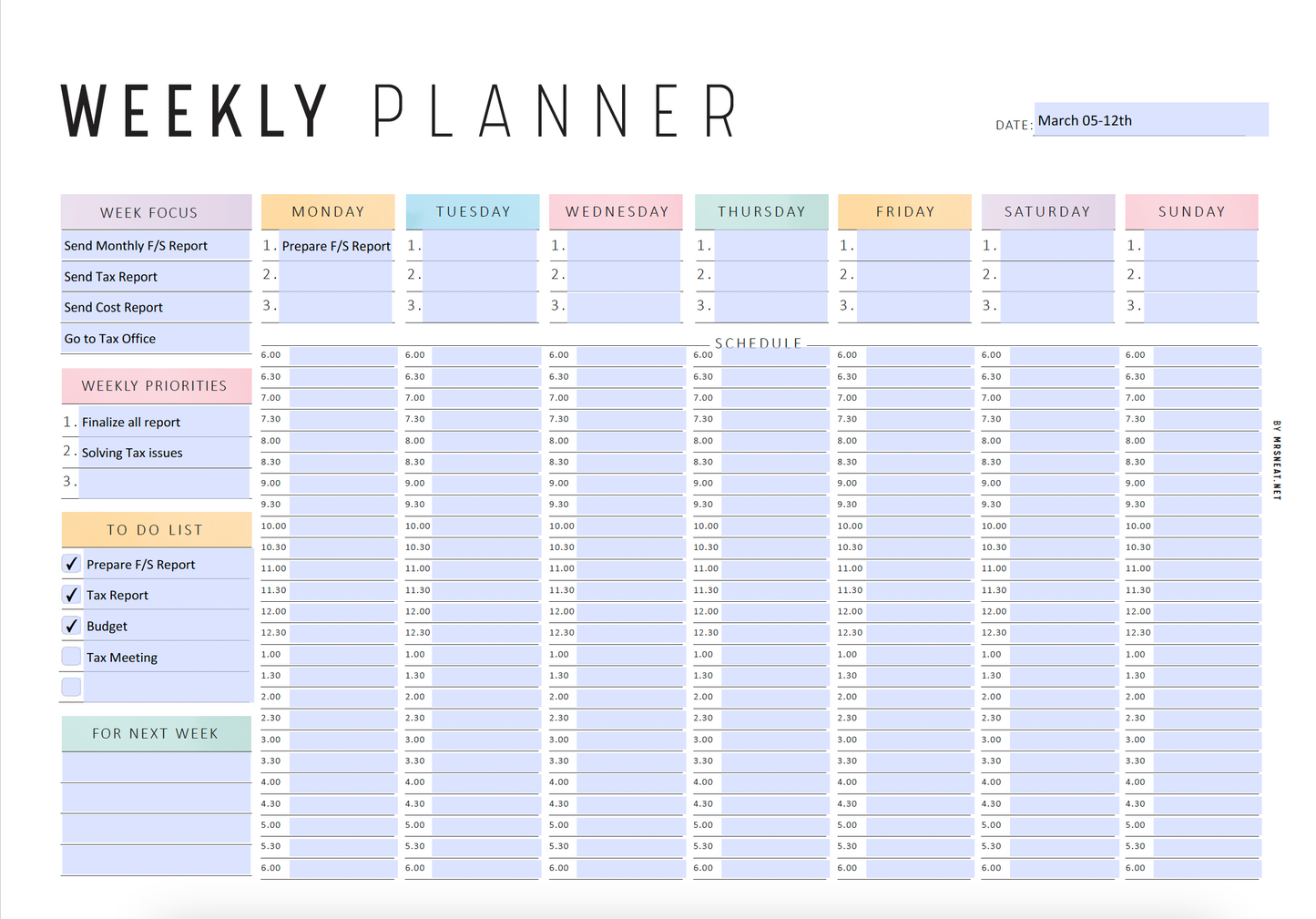 Half Hour Weekly Planner Template, Half Hour Weekly Schedule Printable, Weekly Planner, Undated Planner, Weekly Organizer, To Do List