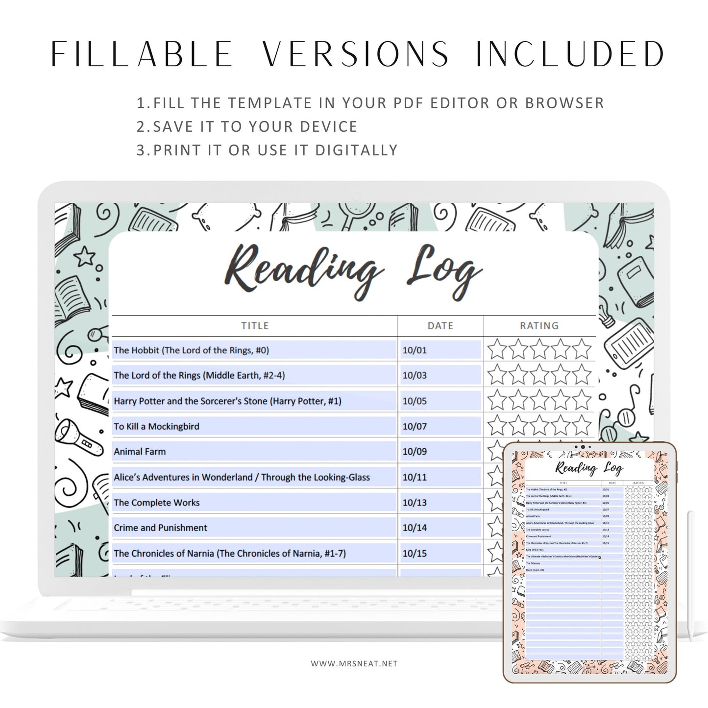 Fillable Reading Log Printable, Reading Tracker, Books to Read, Books I've Read, Colorful Reading Log, A4, A5, Letter, Half Letter, 5 Colors