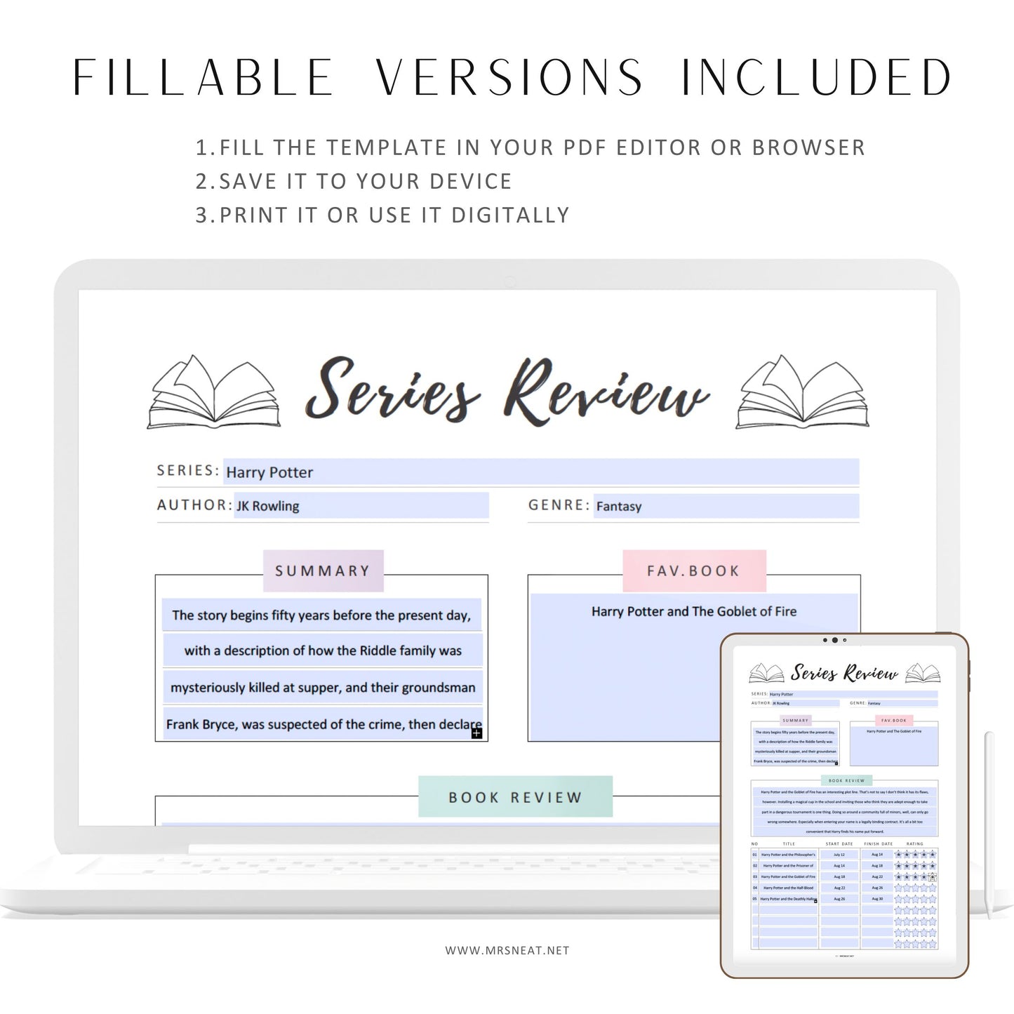 Fillable Book Series Review Template, Book Review Template, Book Review Planner, Book Series Tracker, A4, A5, Letter, Half Letter, PDF