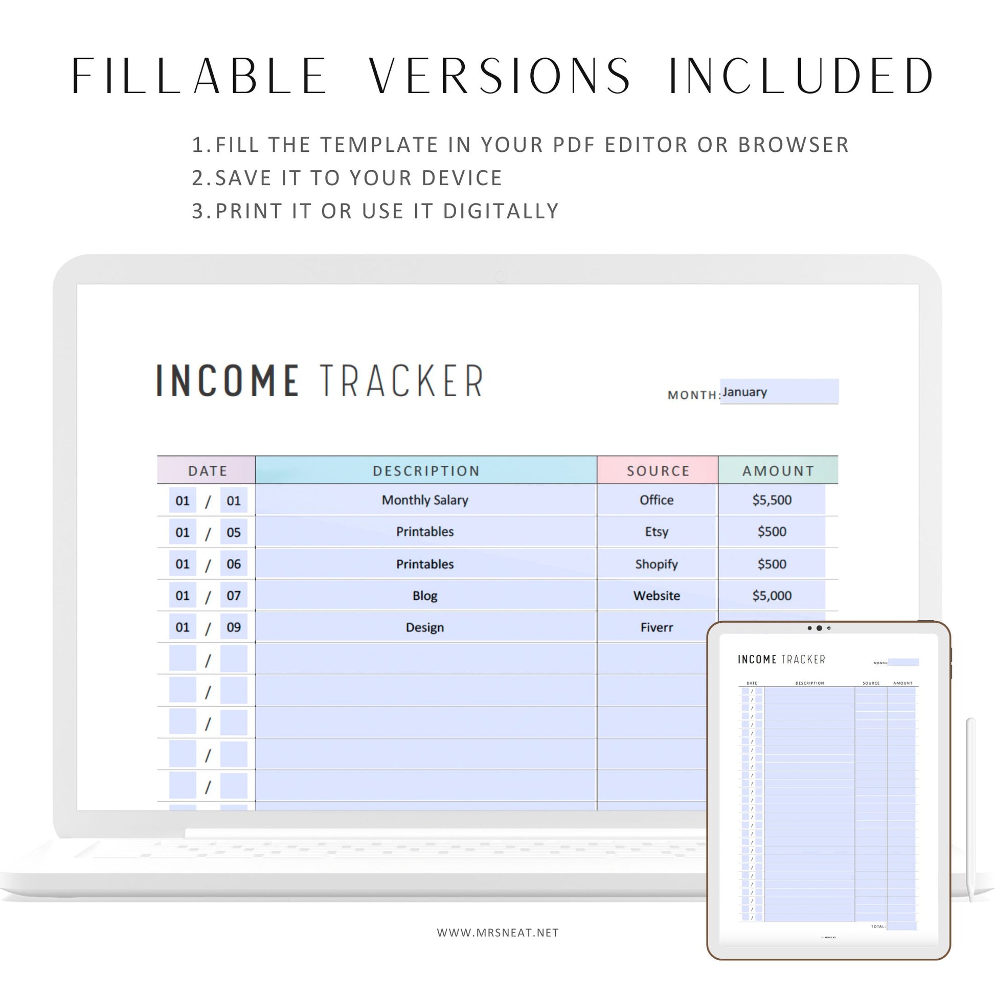 Fillable Income Tracker Printable, Side Hustle Income Tracker, Monthly Income Tracker, 2 colors, A4, A5, Letter, Half Letter