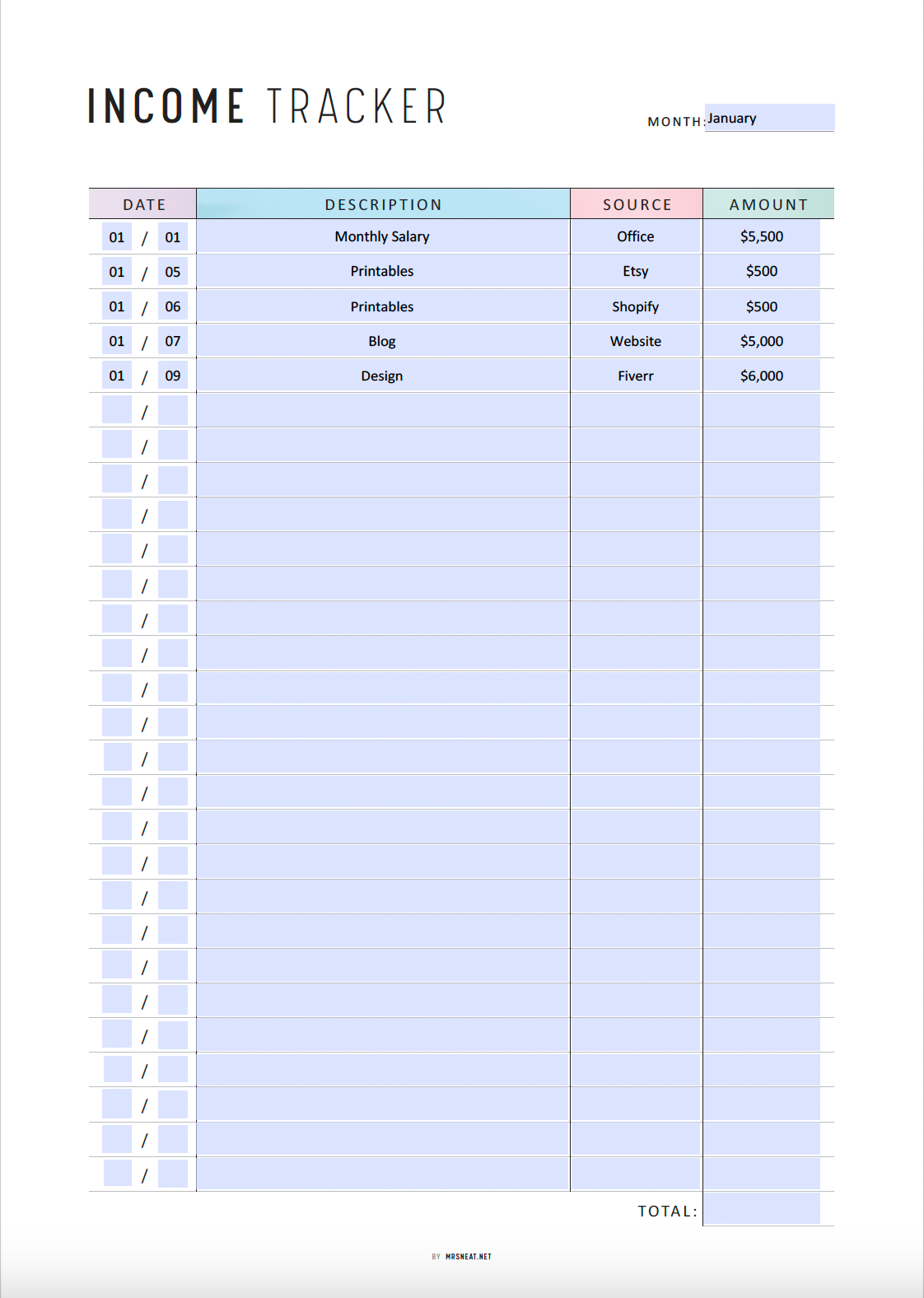 Fillable Income Tracker Printable, Side Hustle Income Tracker, Monthly Income Tracker, 2 colors, A4, A5, Letter, Half Letter