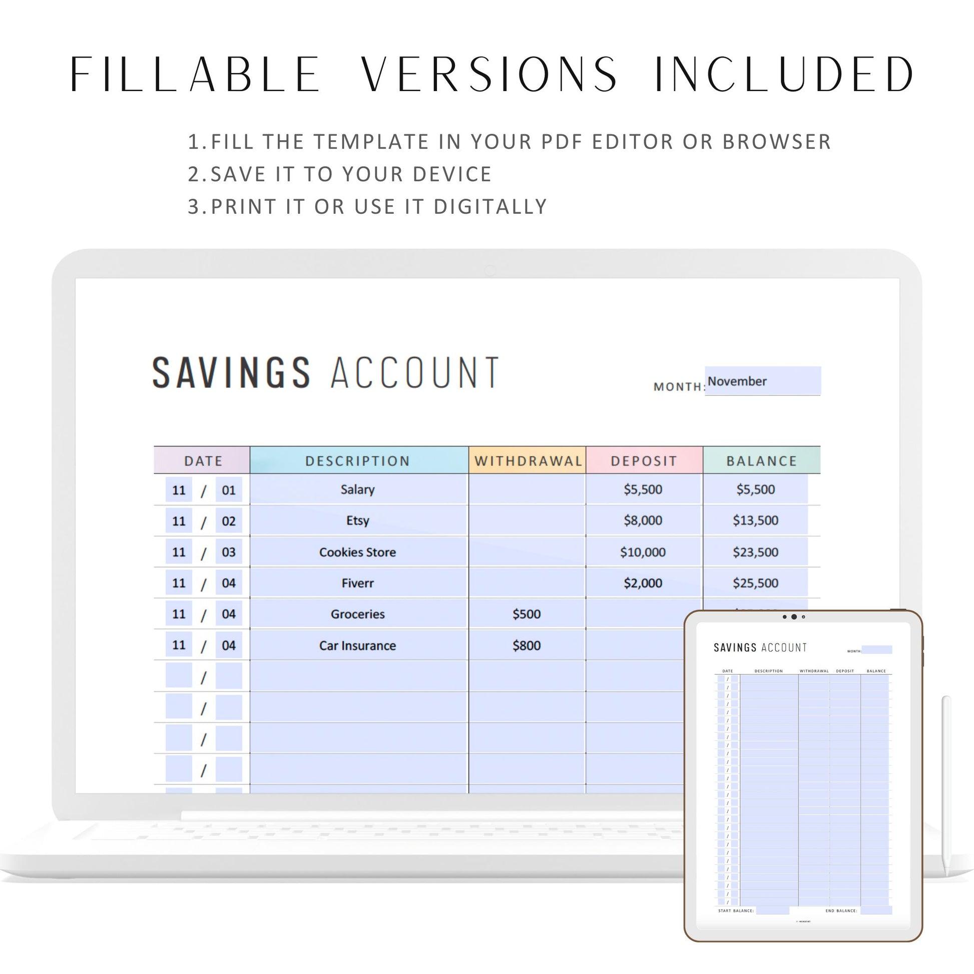 Fillable Savings Account Tracker Printable, Personal Savings Tracker, Financial Planning, Money Saving Goals, 2 Colors, A4/A5/Letter/HL, PDF