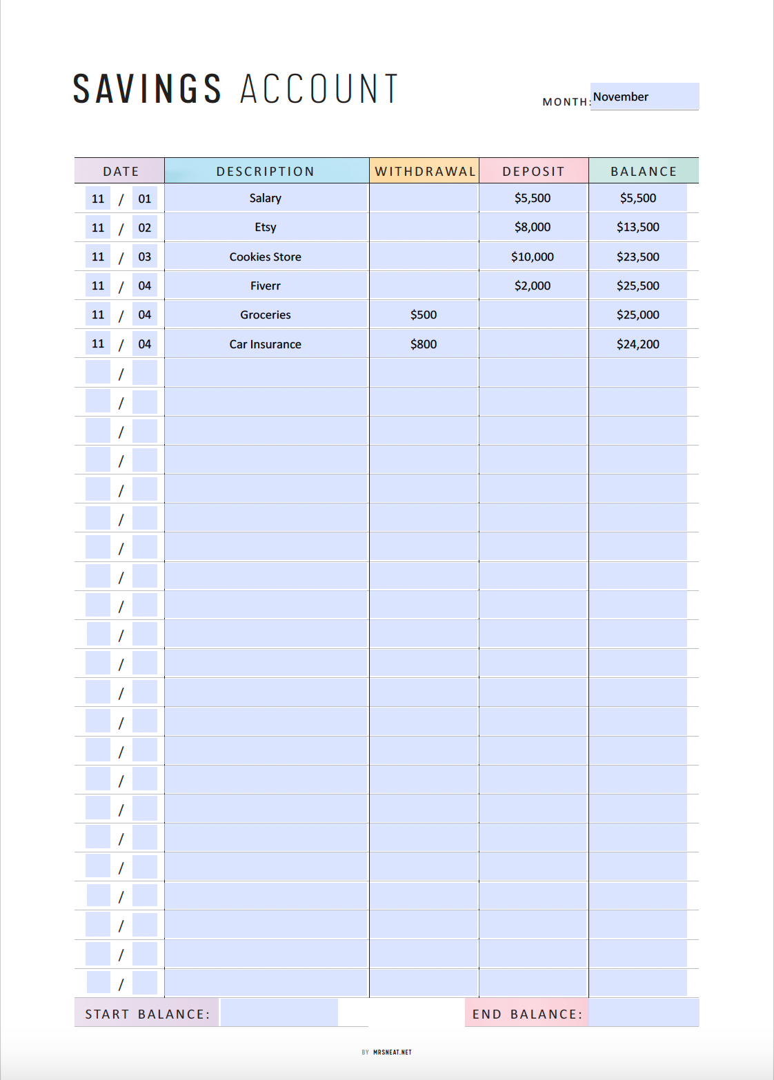 Fillable Savings Account Tracker Printable, Personal Savings Tracker, Financial Planning, Money Saving Goals, 2 Colors, A4/A5/Letter/HL, PDF