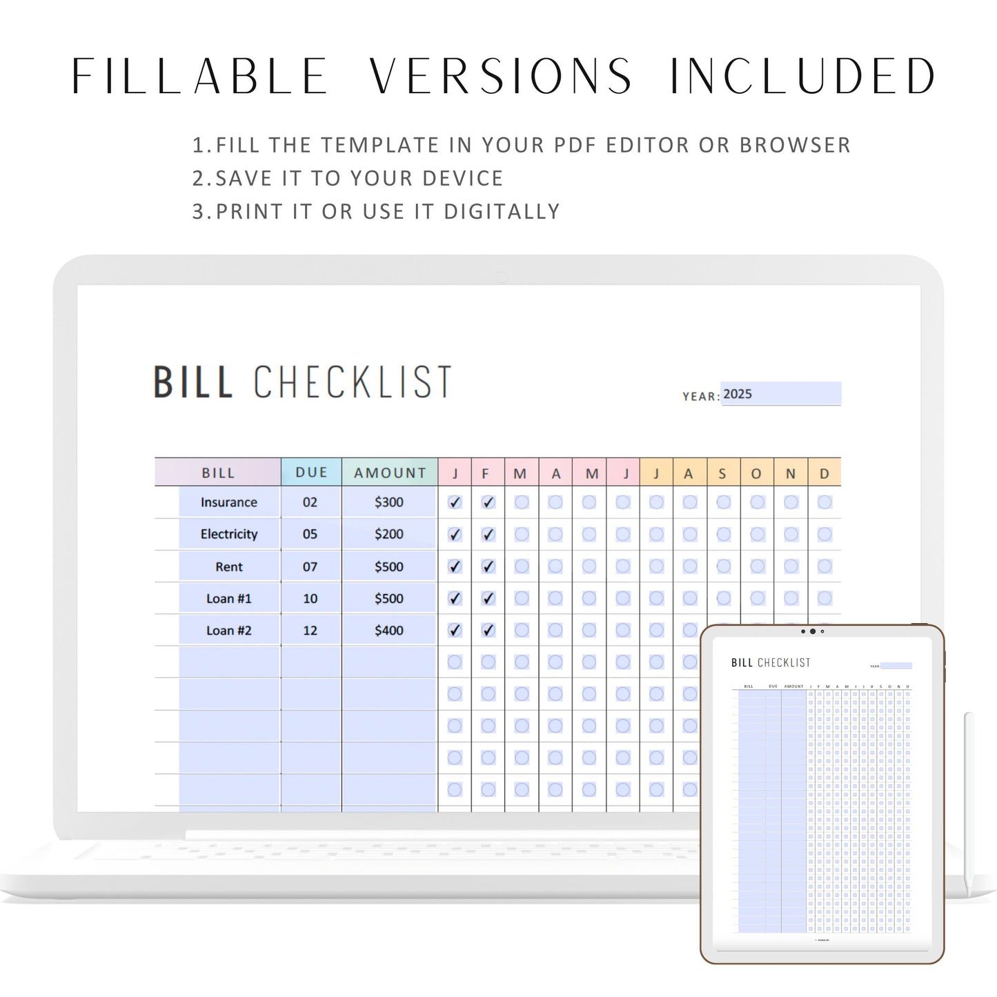 Fillable Yearly Bill Payment Tracker, Printable Bill Payment Checklist, Bill Payment Log, Expense Tracker, 2 Colors, A4, A5, Letter, HL